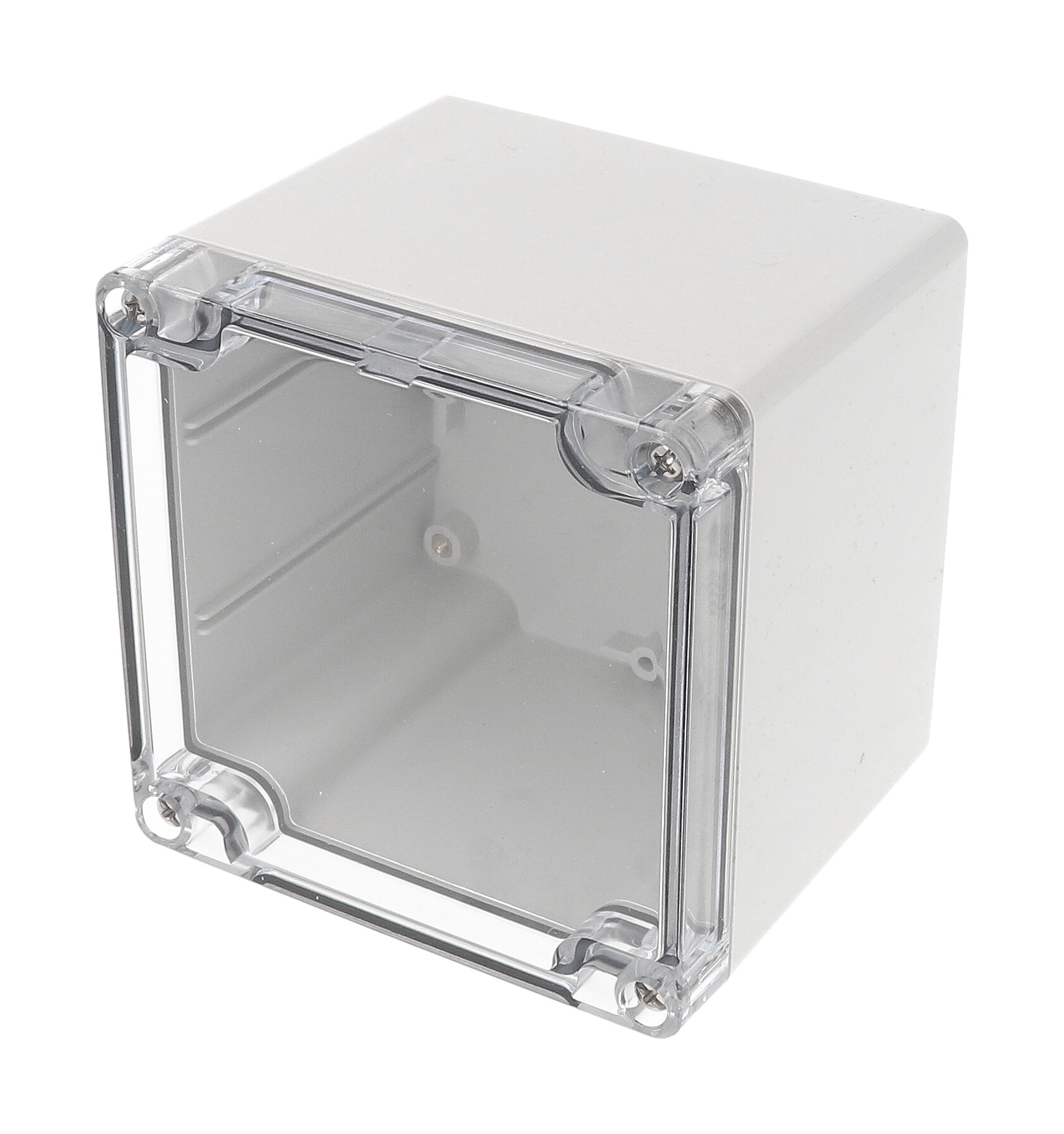1554LA2GYCL deep square polycarbonate enclosure with clear lid, 105 x 105 x 90 mm