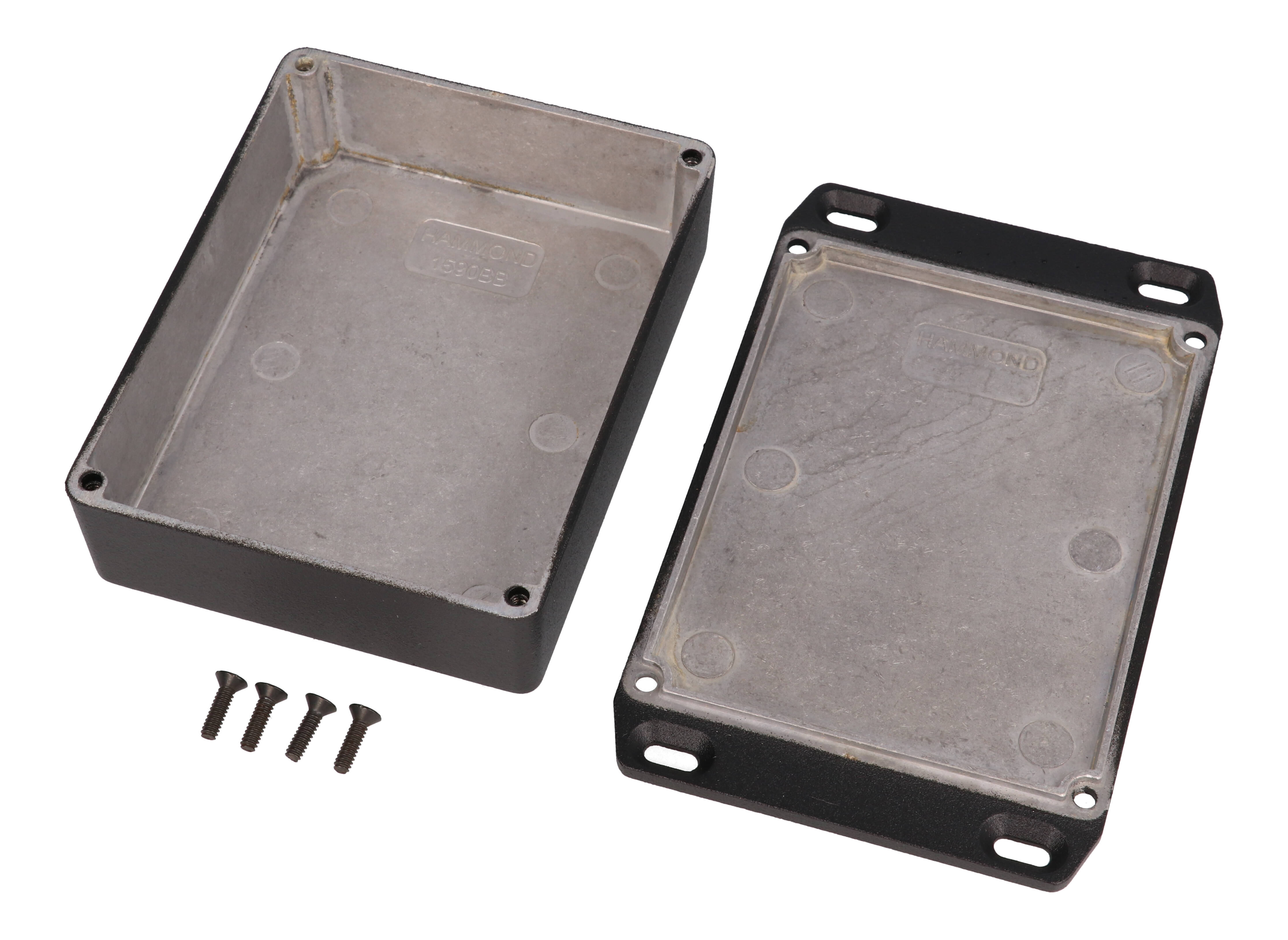 1590BBFLBK black textured diecast aluminum enclosure with flanged mounting lid