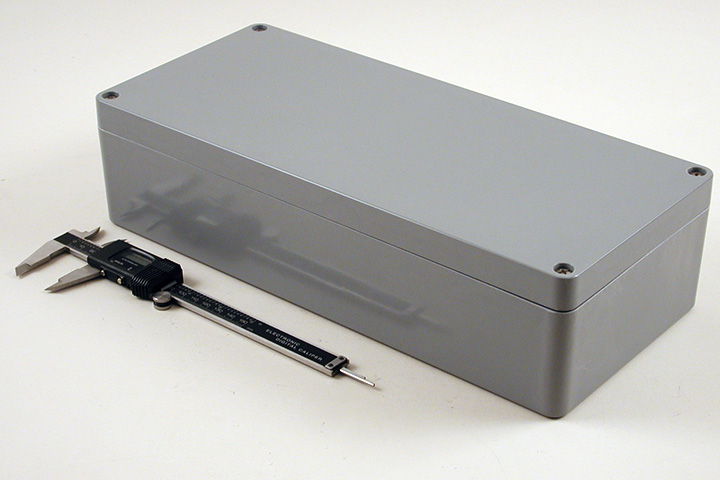 1590ZGRP163 long gray fiberglass enclosure 360 x 160 x 90 mm with four-screw gasketed lid