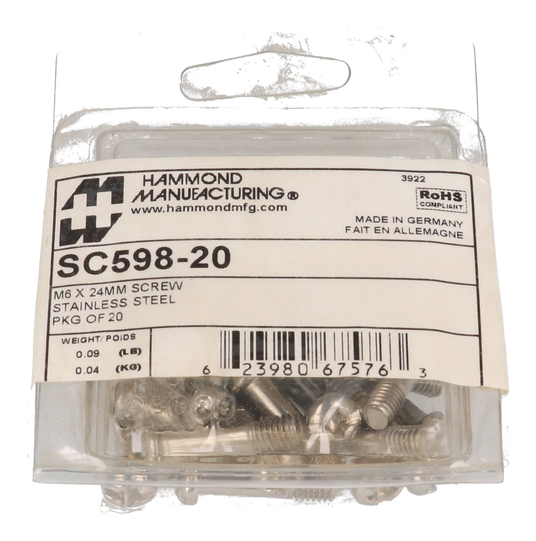 SC598-20 clamshell pack of 20 M6 x 24mm stainless steel pan head screws