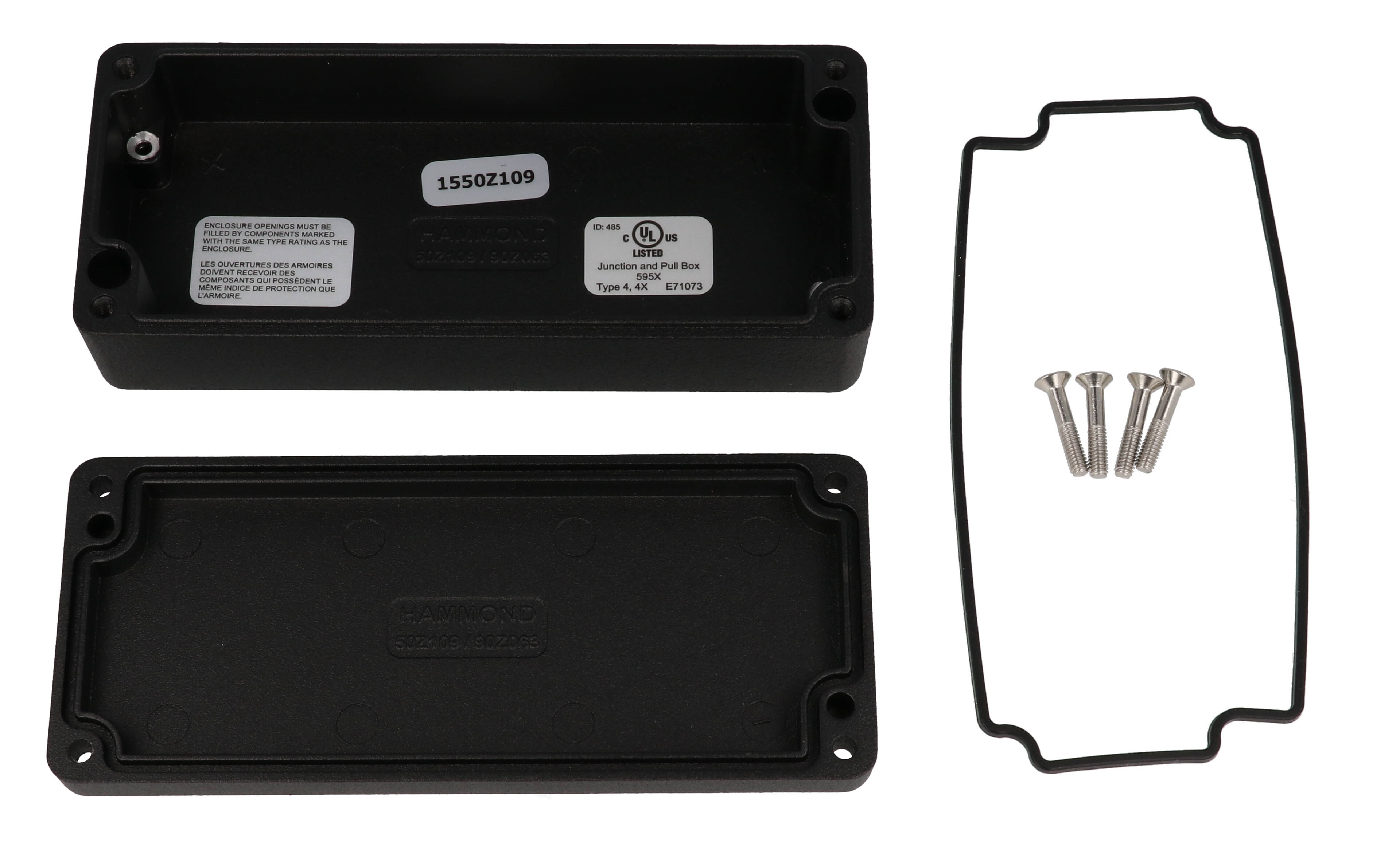 Hammond 1550Z109BK black textured watertight diecast aluminum enclosure, 150 x 64 x 36 mm, with lid and cover screws