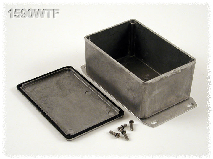 1590WTF natural aluminum IP65 water-tight diecast aluminum enclosure with a welded flanged bottom plate, 120x80x59mm