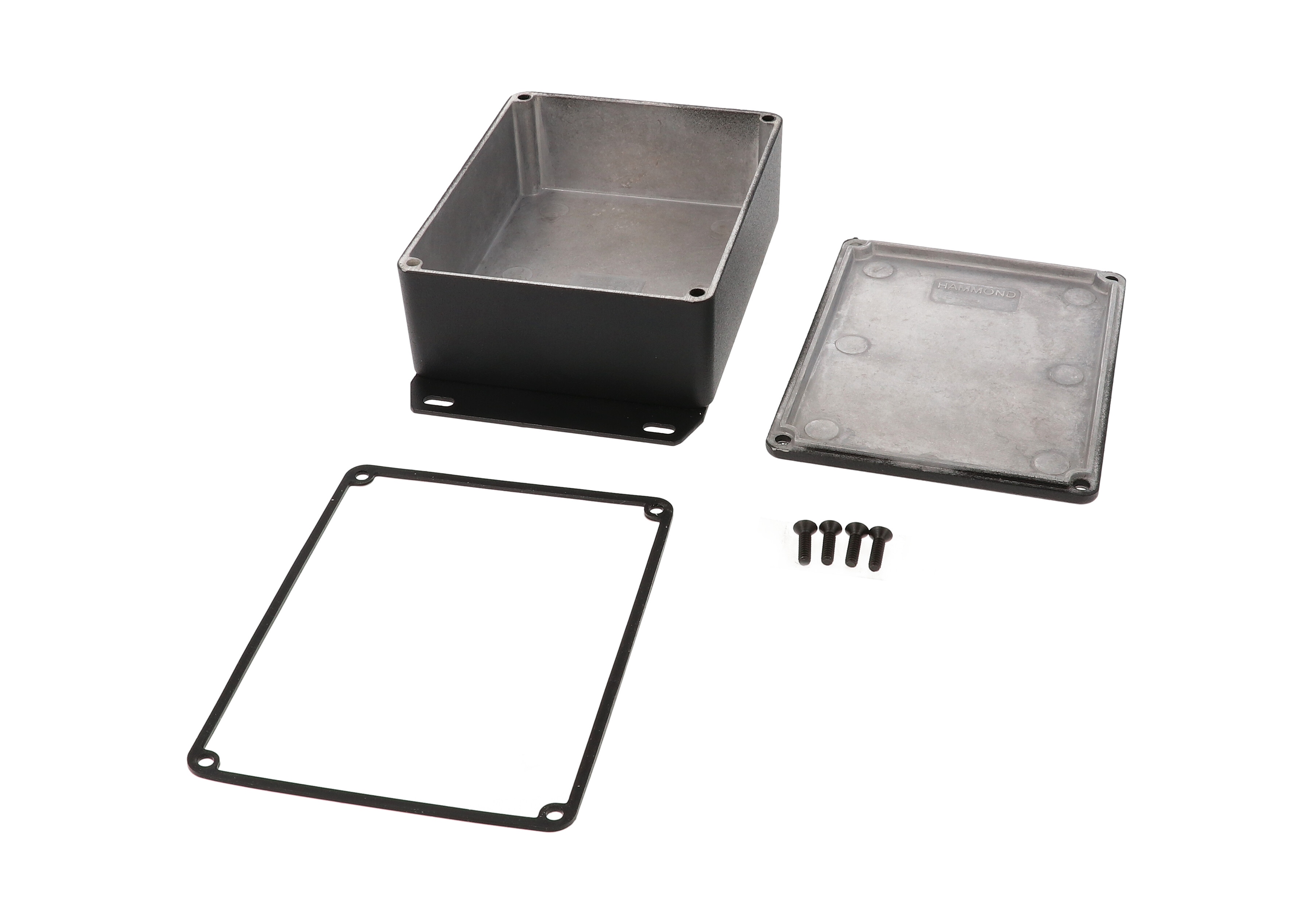 1590WBBSFBK black textured water-tight diecast aluminum enclosure with flanged bottom plate