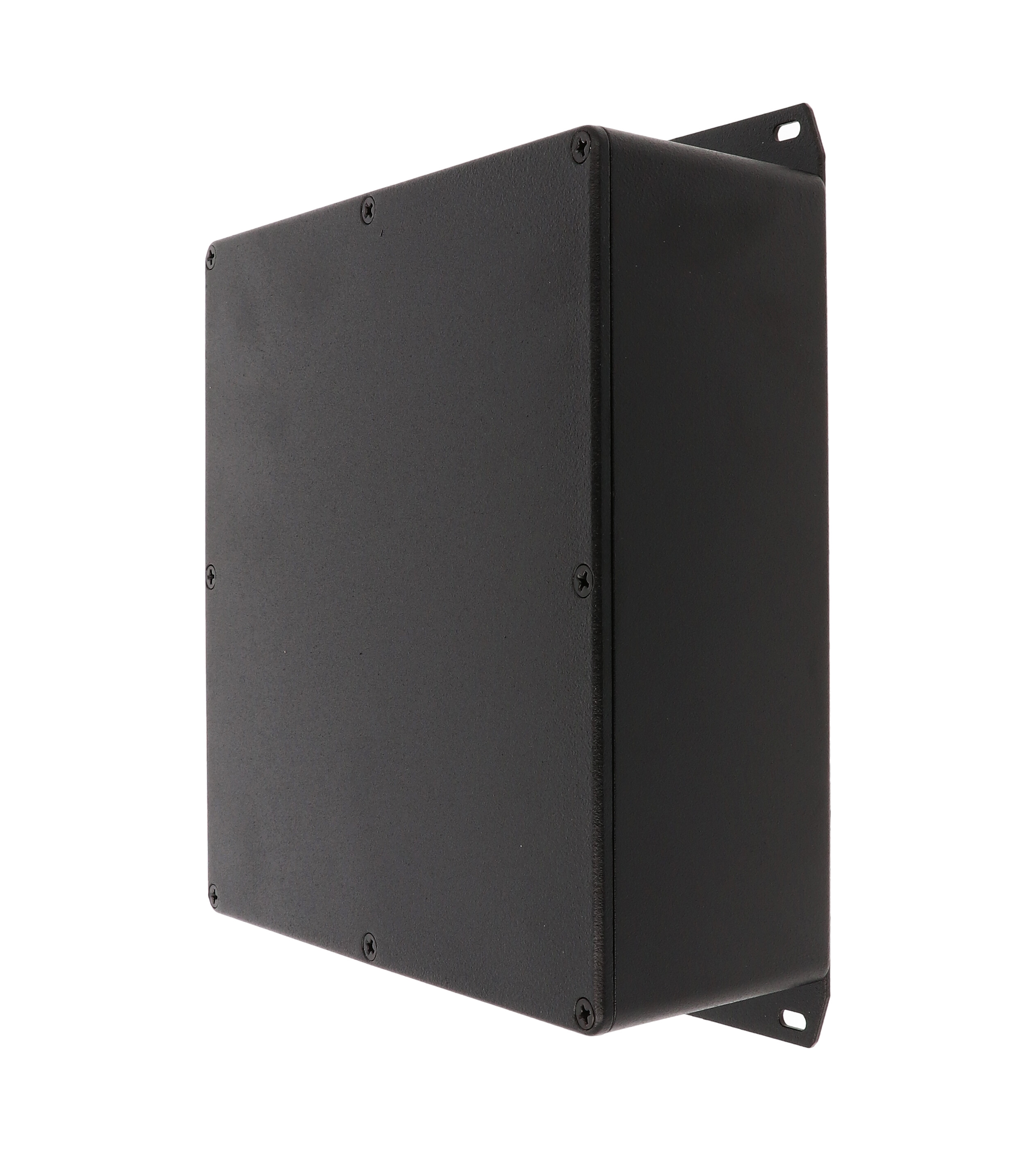 1590FFBK textured black square diecast aluminum enclosure with welded base flange