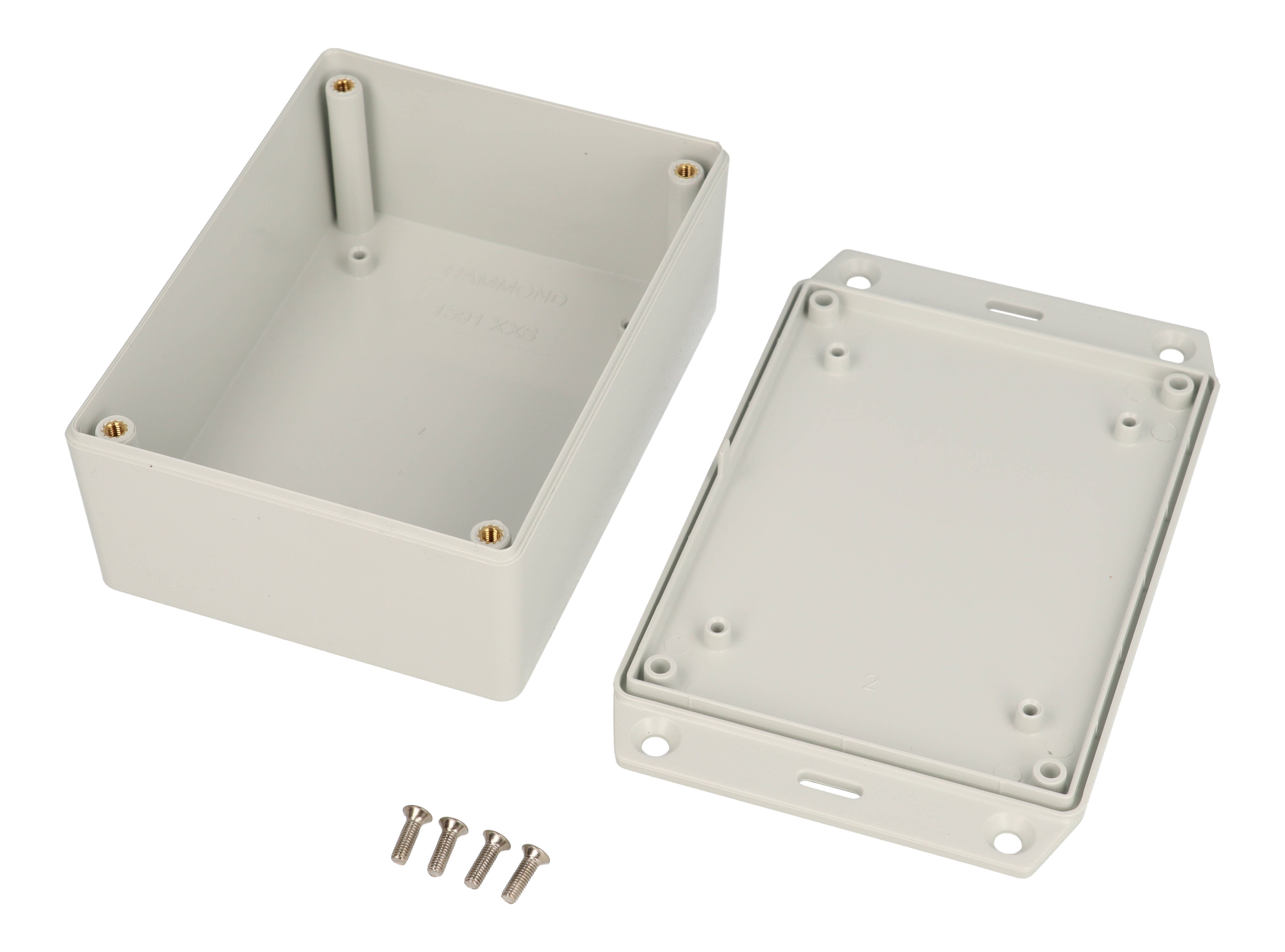 1591XXSFLGY light gray ABS plastic flanged-lid enclosure with PC board standoffs, 113 x 85 x 44 mm
