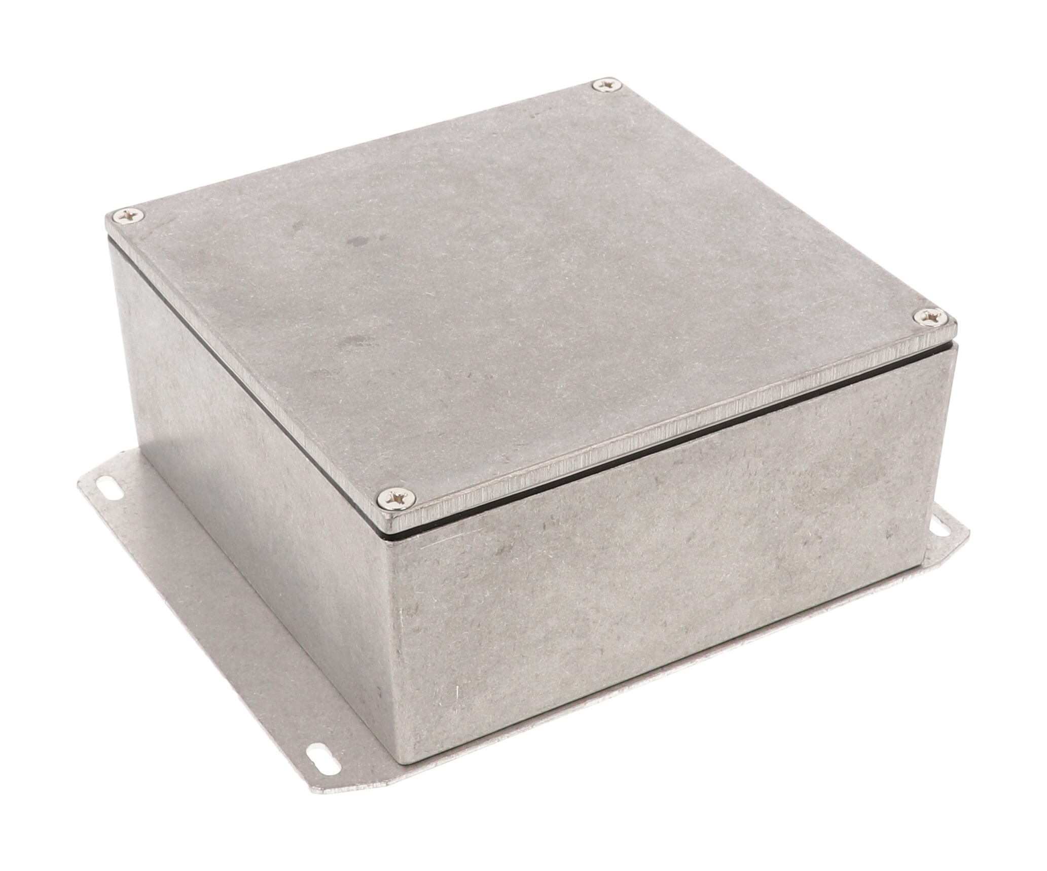 1590WKKF natural aluminum IP65 watertight diecast enclosure, 125 x 125 x 57 mm, with flanged bottom plate