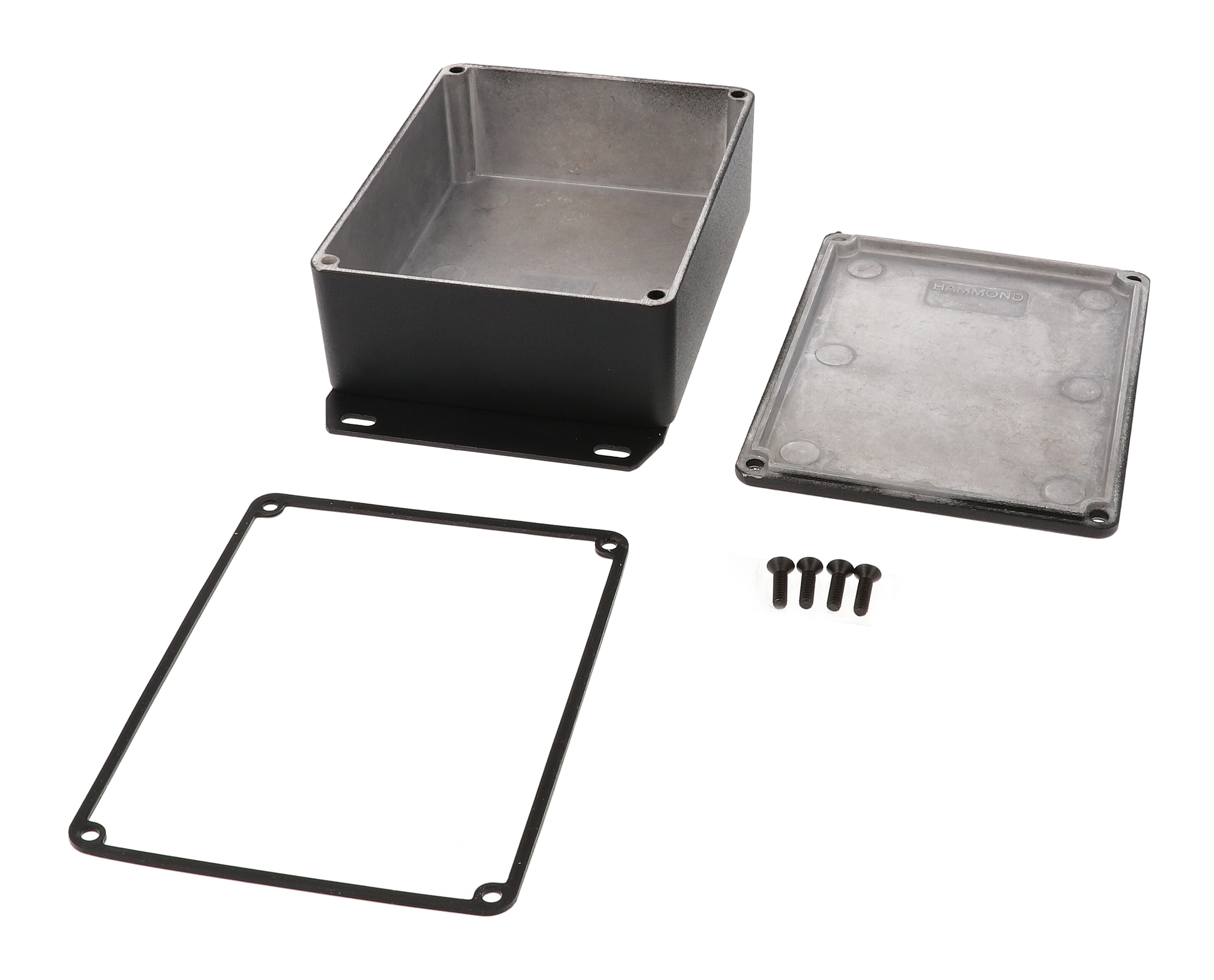 1590WBBSFBK black textured water-tight diecast aluminum enclosure with flanged bottom plate