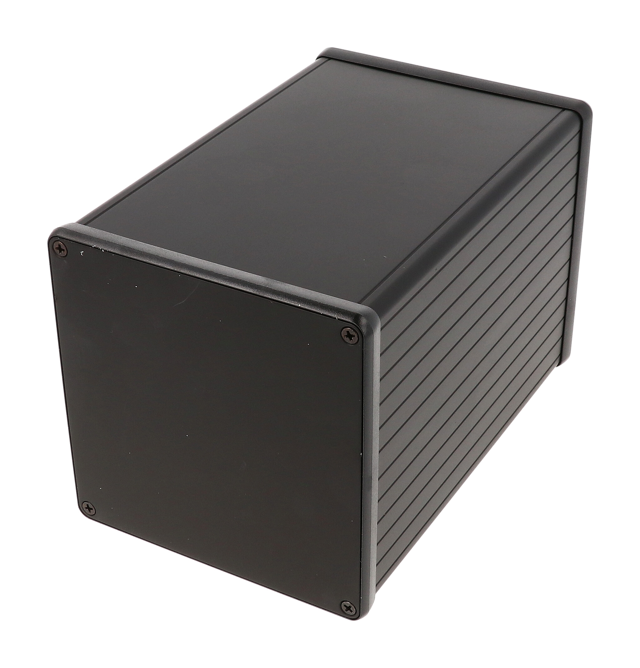 1455NS1601BK black anodized square extruded aluminum enclosure, 160 x 103 x 103 mm, with aluminum end panels and open bezels