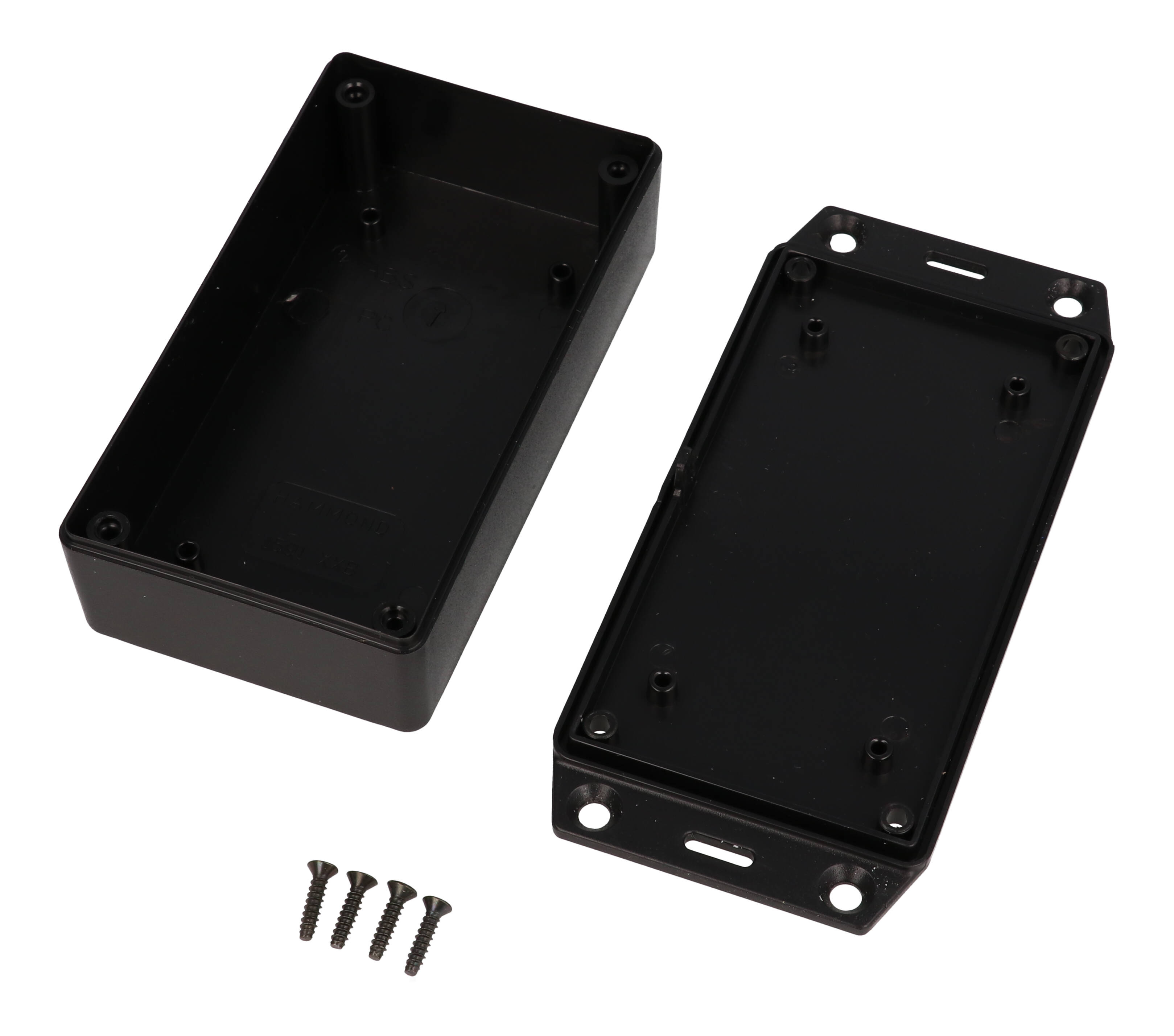 1591XXBSFLBK black economy ABS enclosure with flanged mounting lid, 114 x 63 x 31 mm