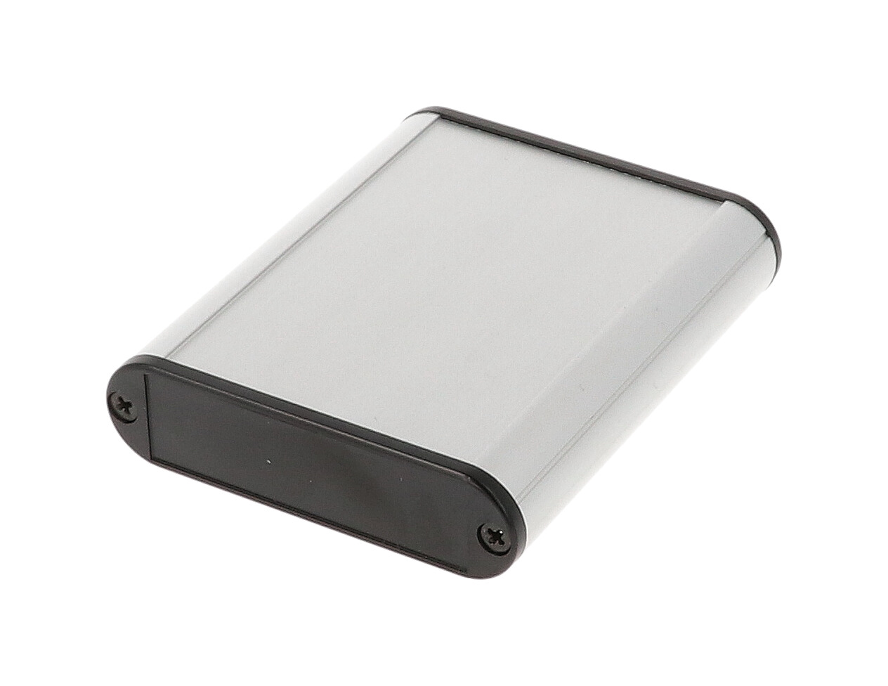 1455B802 clear anodized extruded aluminum PC board enclosure, 80 x 72 x 19 mm, with plastic end panels
