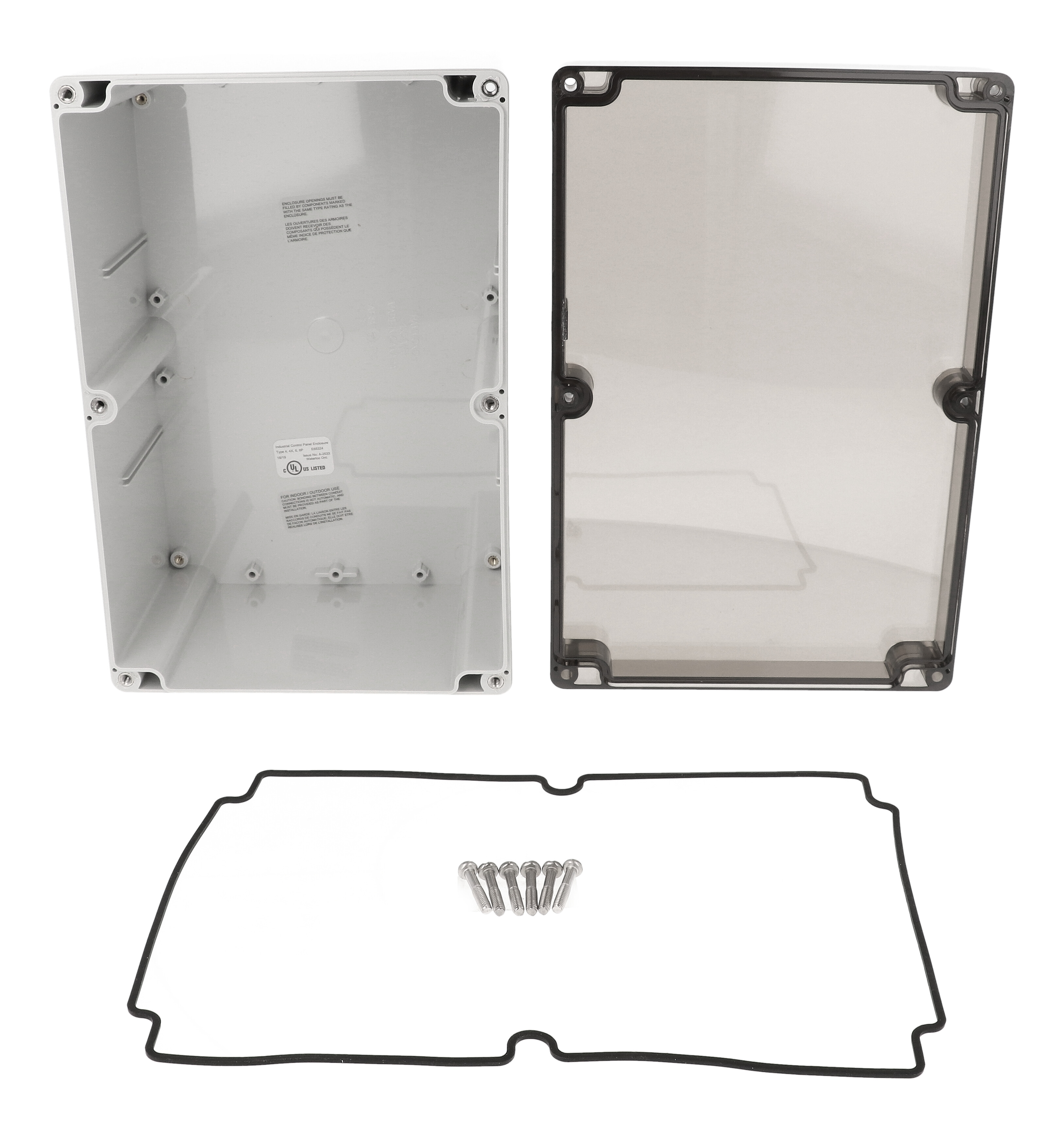 1554VB2GYSL light gray polycarbonate deep enclosure with smoked screw cover lid, 240 x 160 x 120 mm