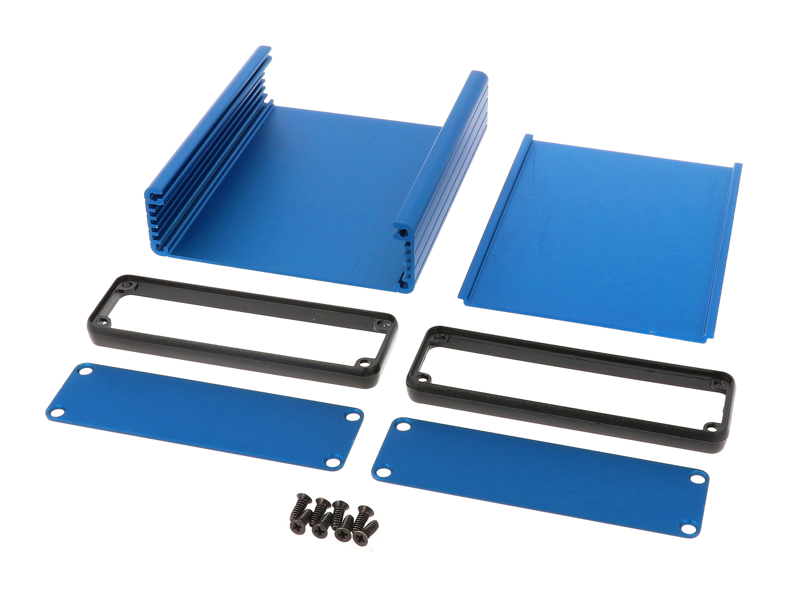 1455L1201BU blue anodized extruded aluminum PC board enclosure, 120 x 103 x 30.5 mm, with aluminum end panels and black bezels