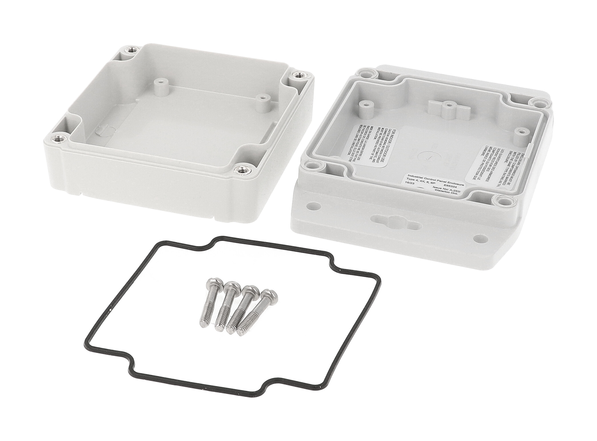 1555E2F17GY grey polycarbonate flanged watertight enclosure, 90 x 90 x 38 mm