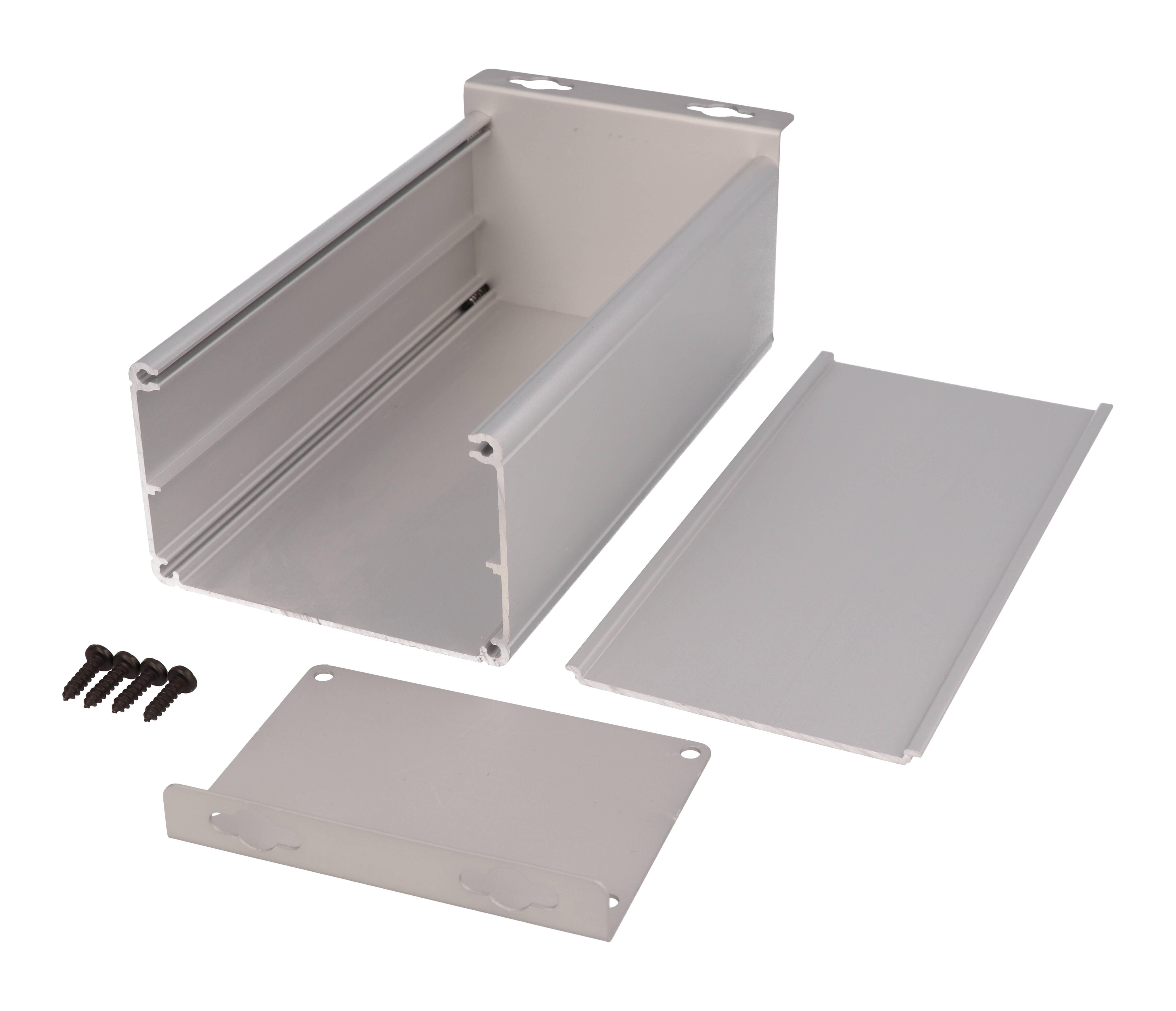 1455ZT1601 clear anodized wallmount extruded aluminum enclosure, 160 x 89 x 56 mm, with keyhole mounting brackets