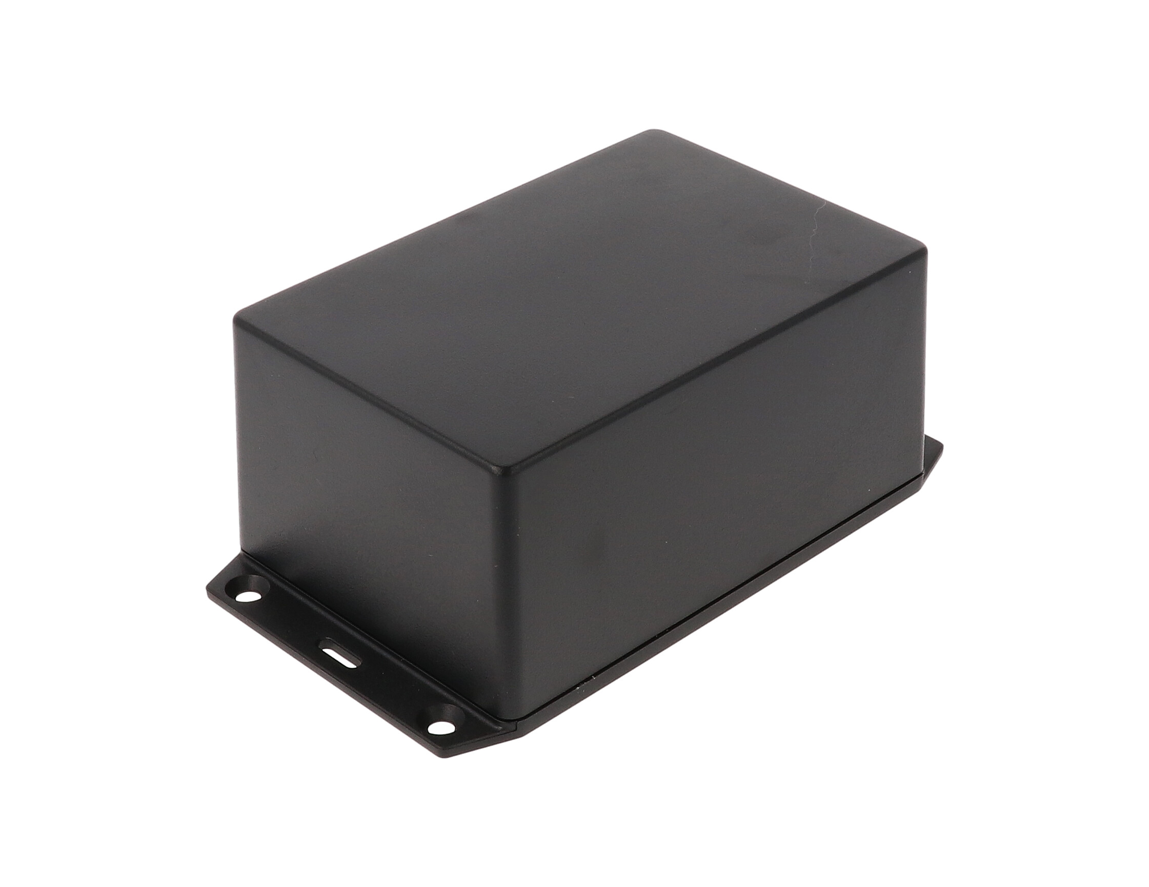 1591XXTSFLBK black ABS plastic flanged-lid enclosure with PC board standoffs, 123 x 83 x 59 mm