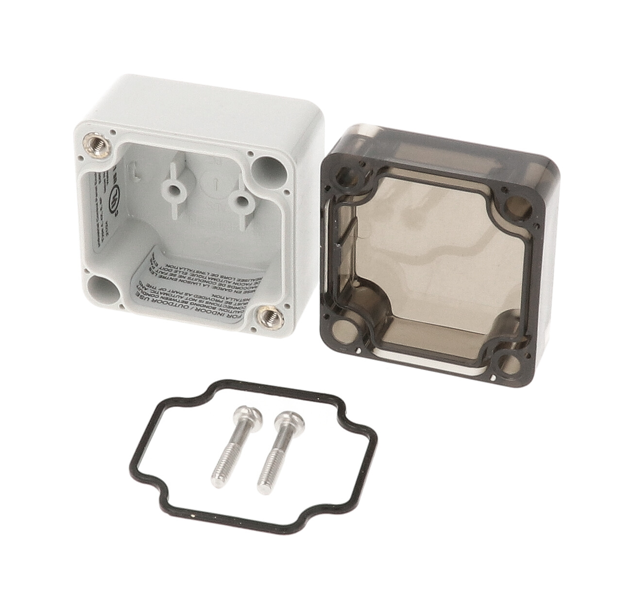 1554A2GYSL light gray polycarbonate enclosure with smoked lid, 52 x 50 x 40 mm