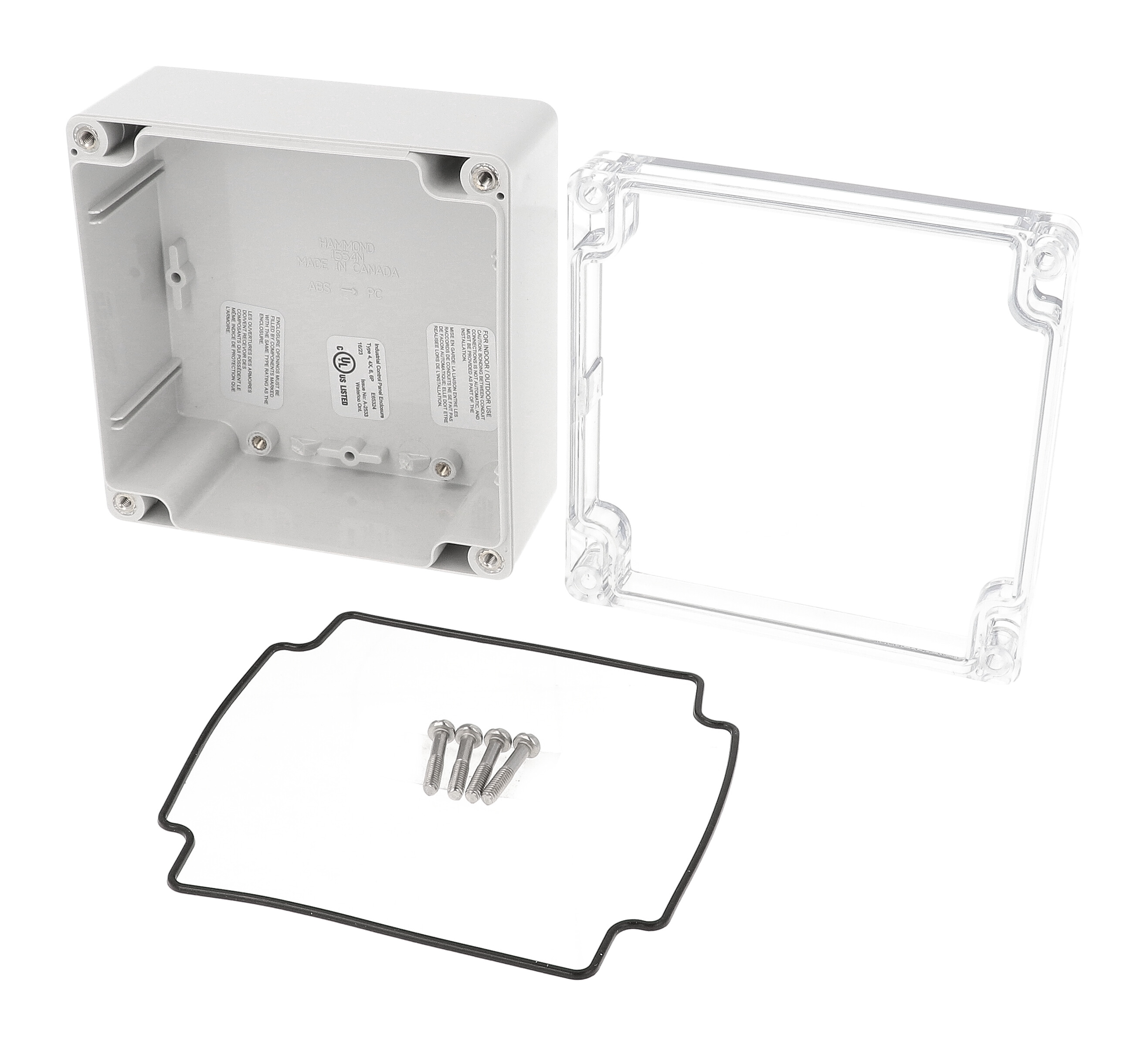 1554N2GYCL gray polycarbonate enclosure with clear lid, 120 x 120 x 61 mm