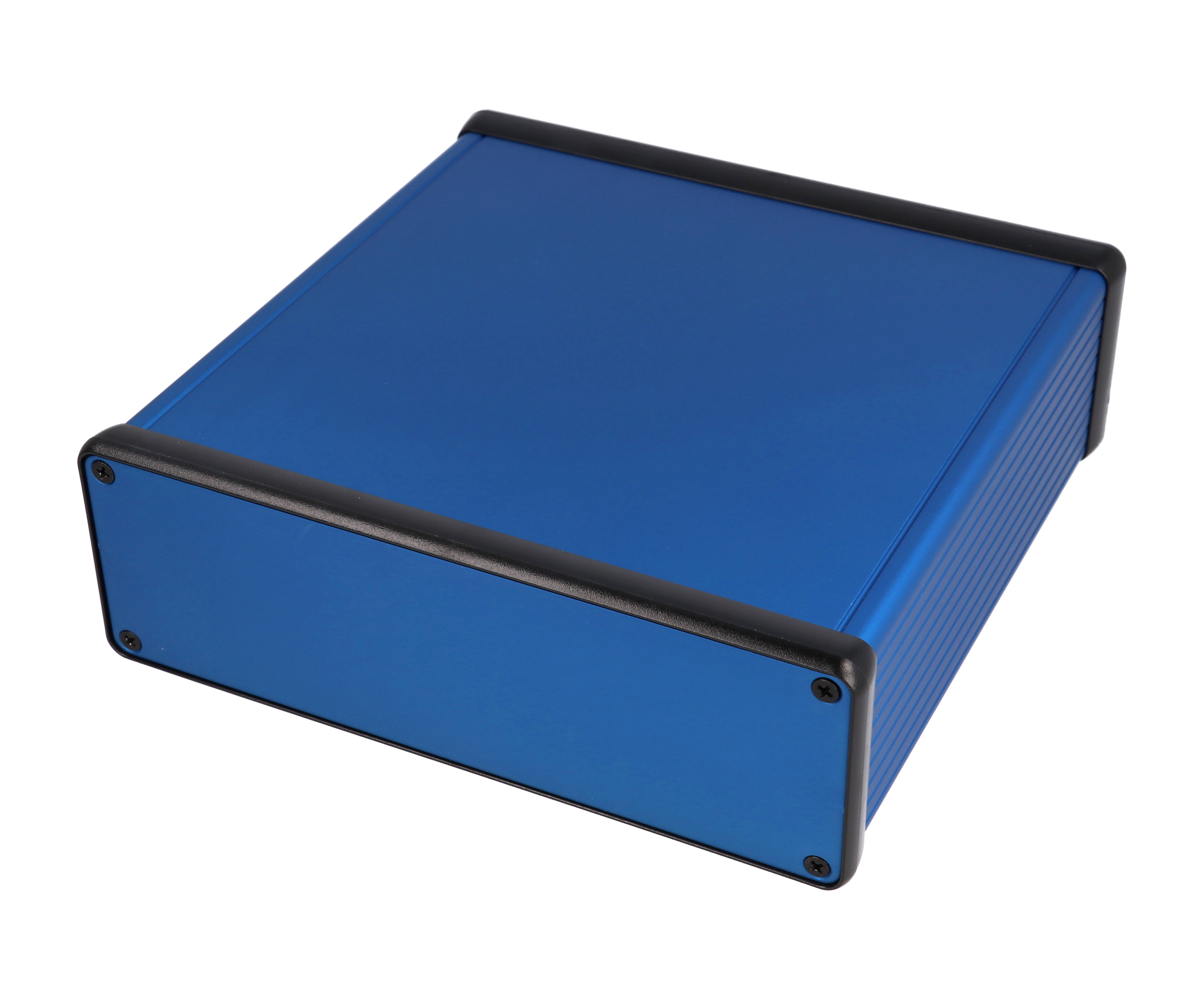 1455T1601BU — blue extruded aluminum enclosure w/ metal end panels