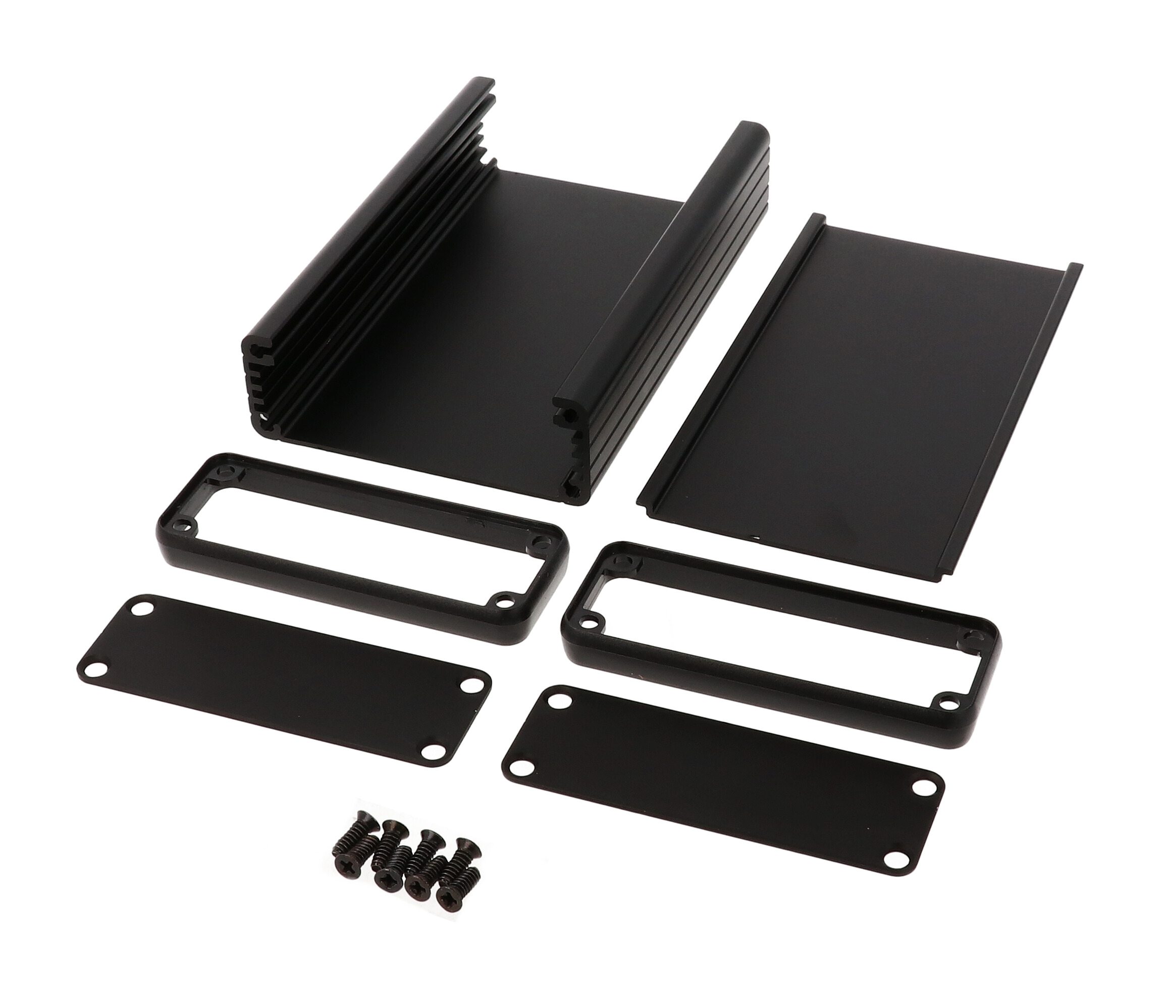 1455J1201BK black anodized extruded aluminum enclosure, 120 x 78 x 27 mm, with aluminum end panels and open bezels