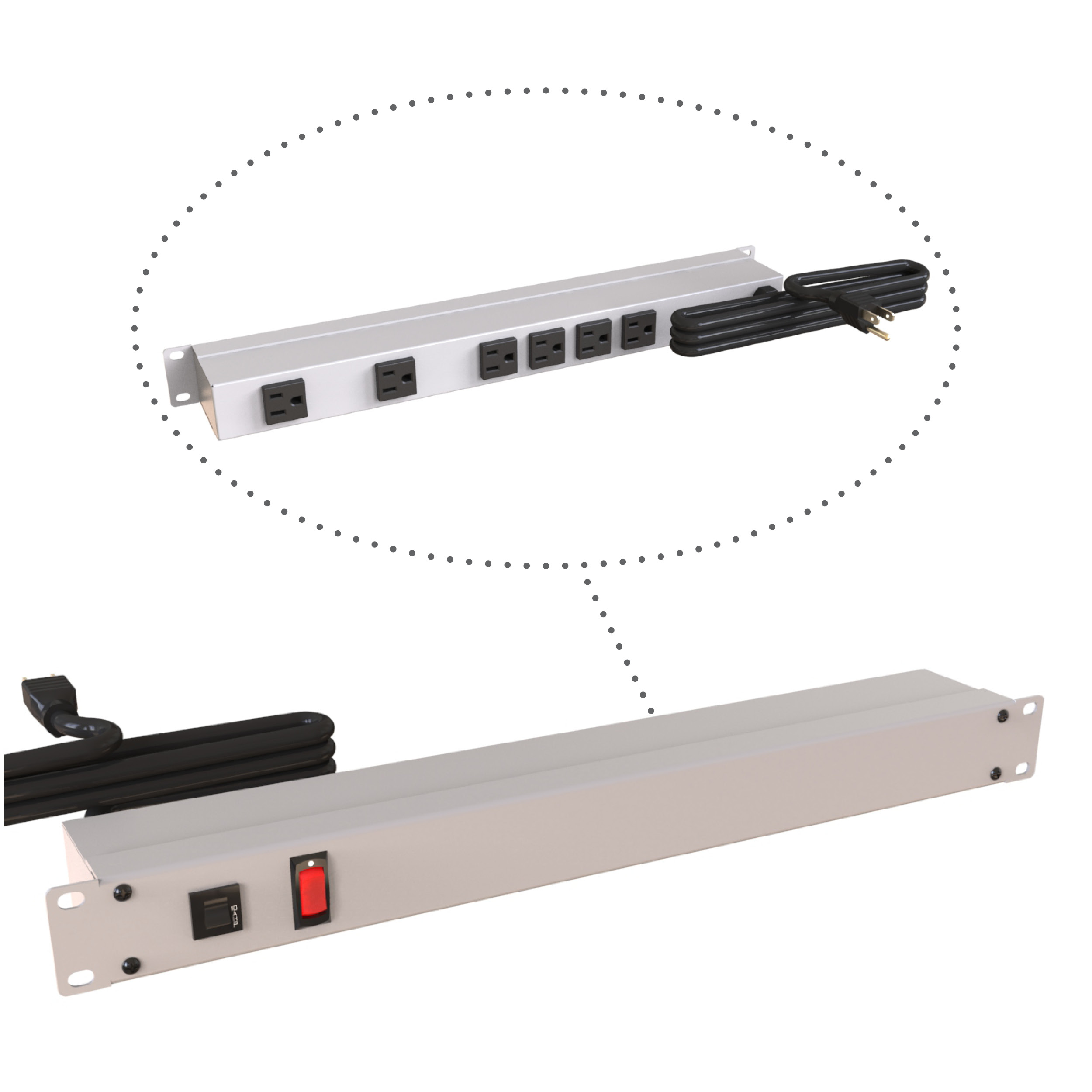 Hammond 1583H6A1 1U 19-inch gray rack mount PDU with six rear-facing 5-15R outlets, lighted on/off switch and 6 ft NEMA 5-15P cord