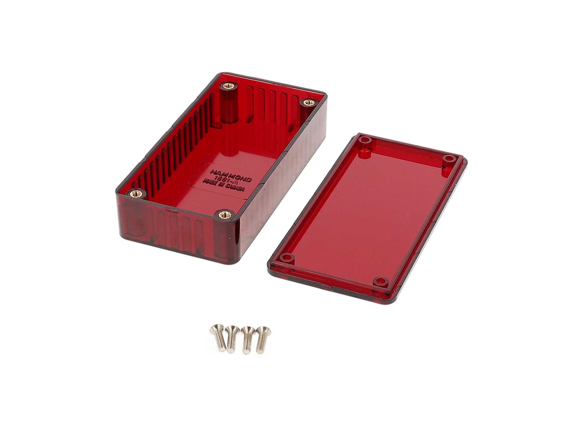 1591ATRD ir red translucent polycarbonate enclosure, 100 x 50 x 25 mm, with lid and cover screws