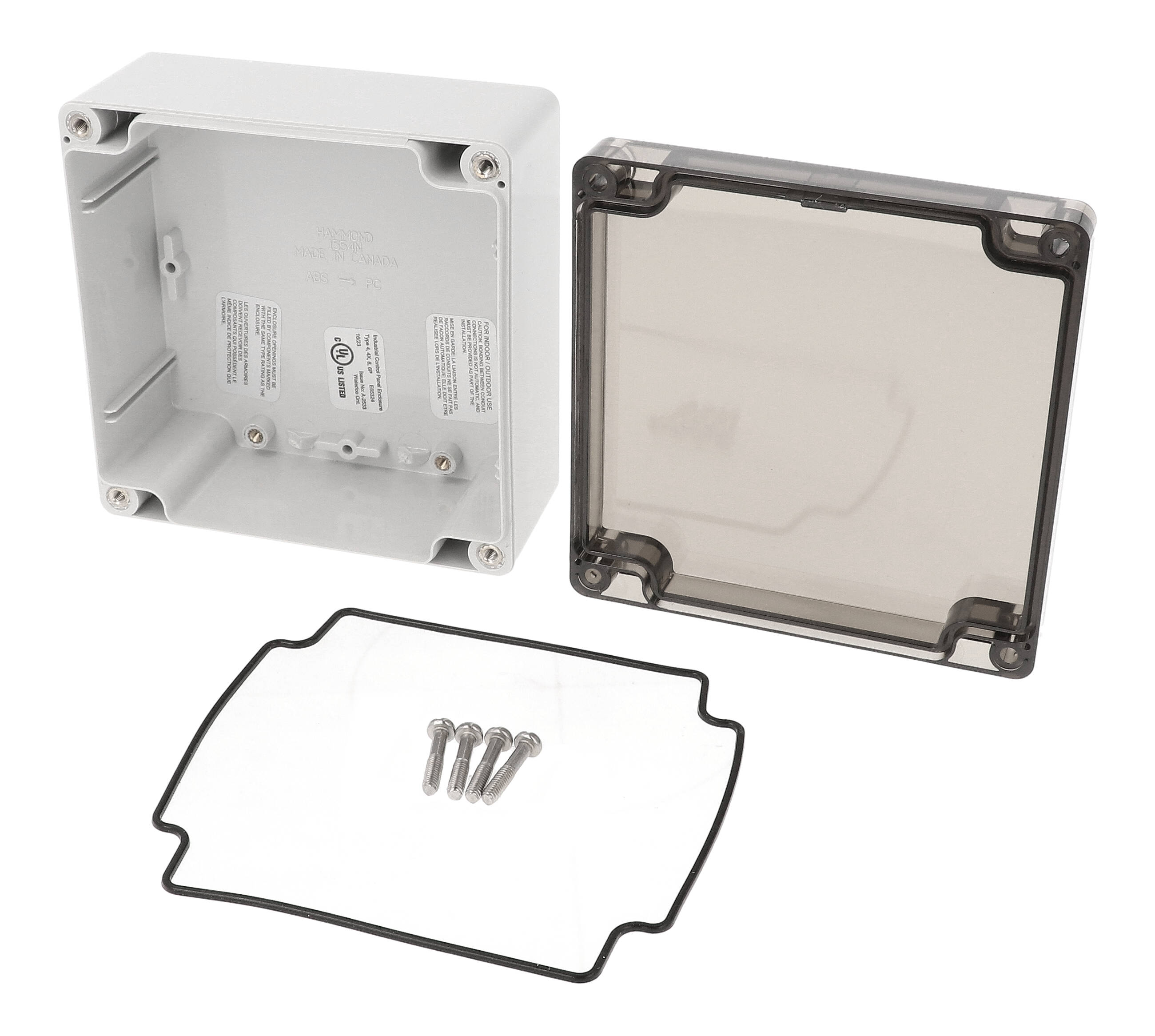 1554N2GYSL light gray polycarbonate enclosure with smoked lid, 120 x 120 x 61 mm