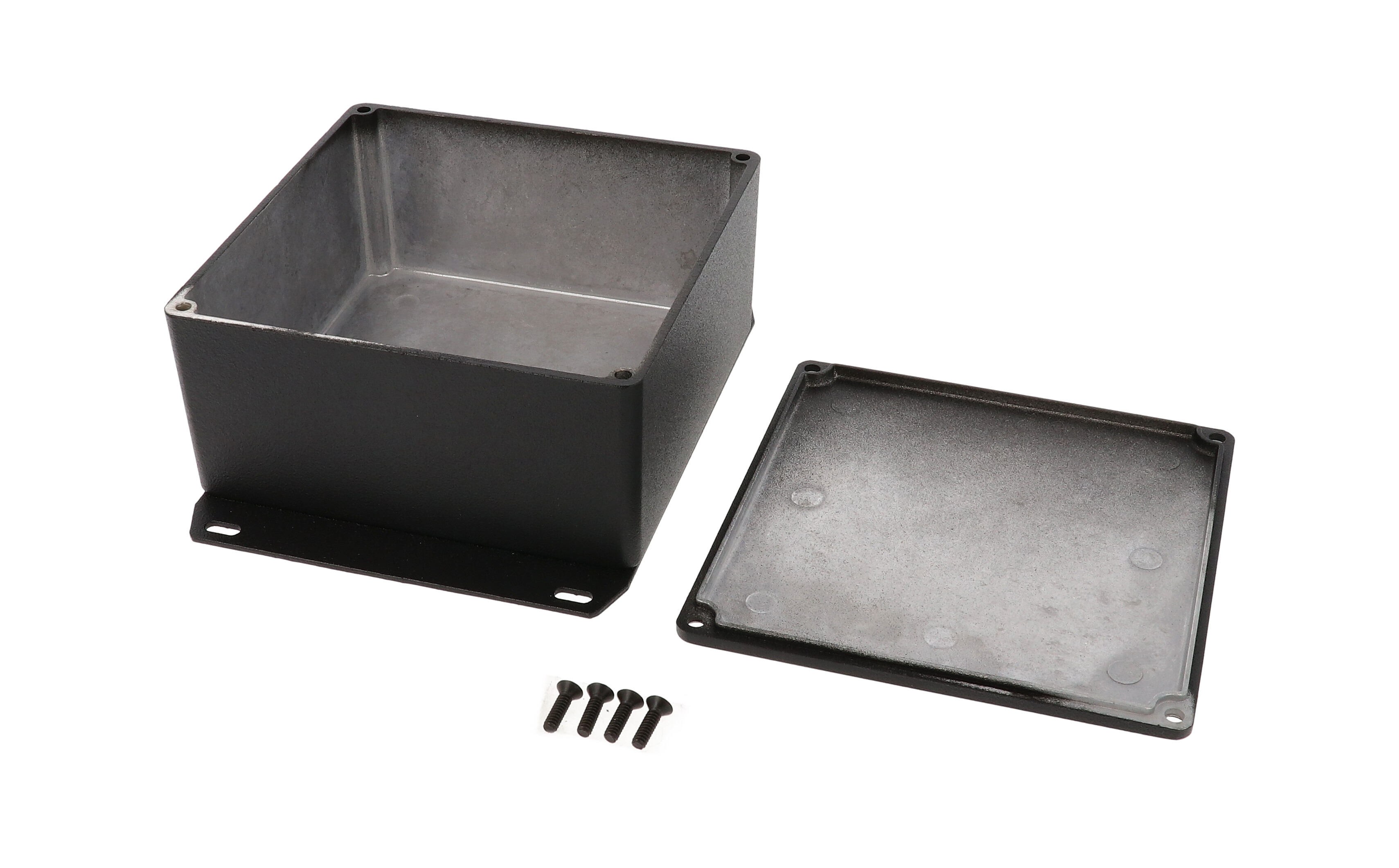 1590UFBK textured black square diecast aluminum enclosure with flanged bottom plate