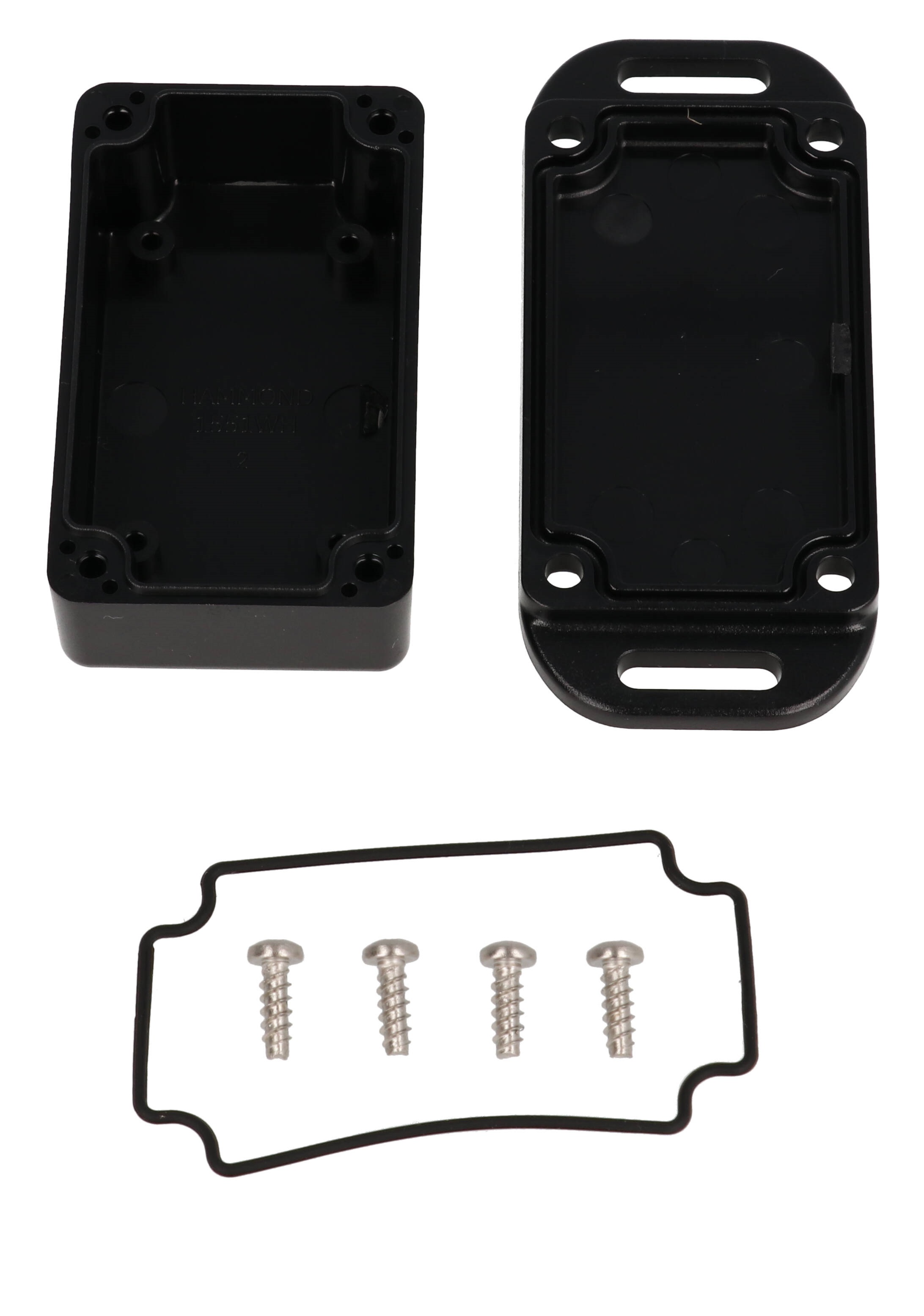 1551WHFLBK black flanged IP68 watertight polycarbonate miniature enclosure with lid