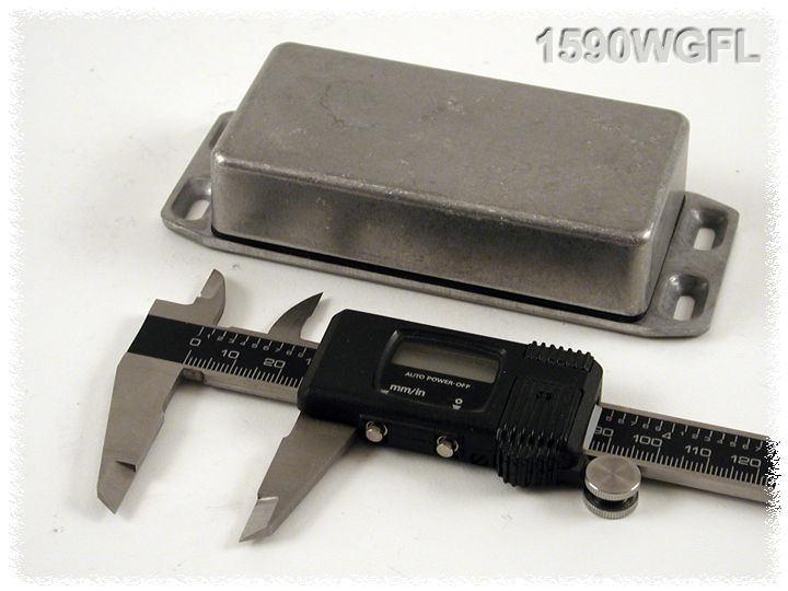 1590WGFL natural aluminum IP65 watertight diecast enclosure, 100 x 50 x 25 mm, with flanged lid