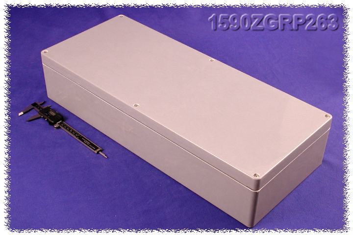 1590ZGRP263 long gray fiberglass enclosure 600 x 250 x 120 mm with six-screw gasketed lid