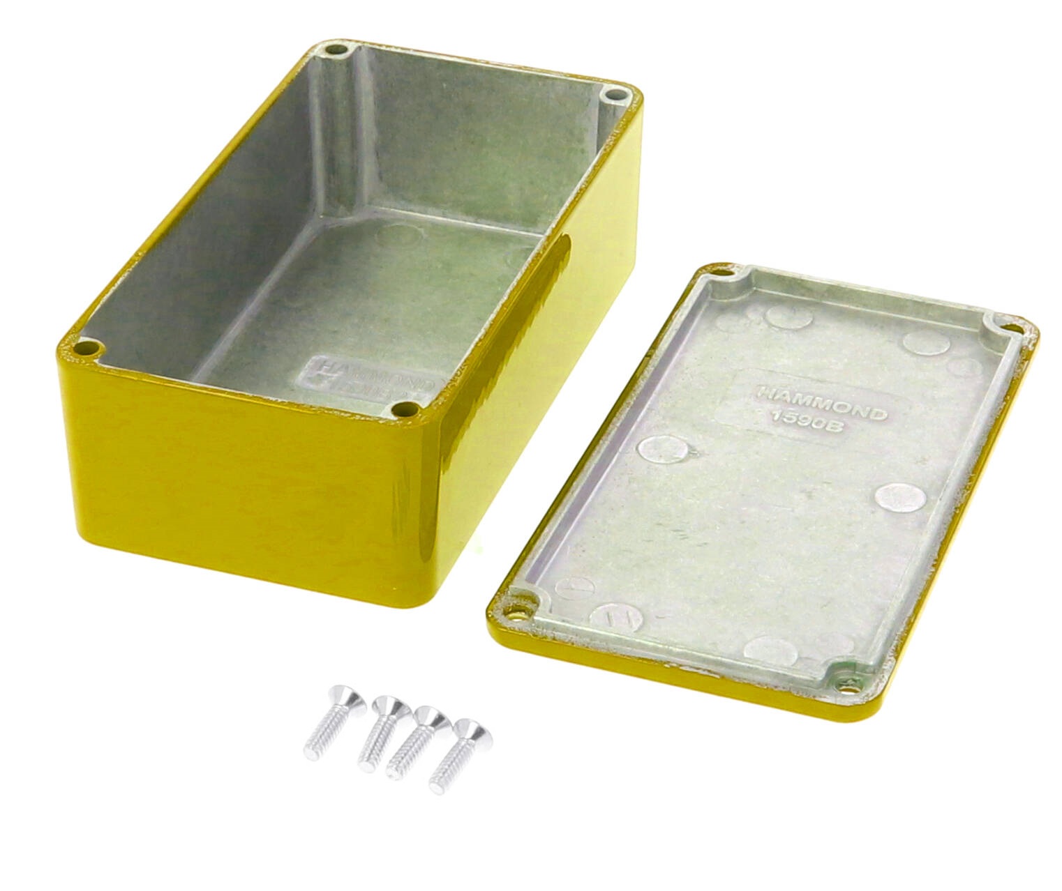 1590B2YL yellow powder coated diecast aluminum stomp box enclosure, 112 x 61 x 38 mm, with lid