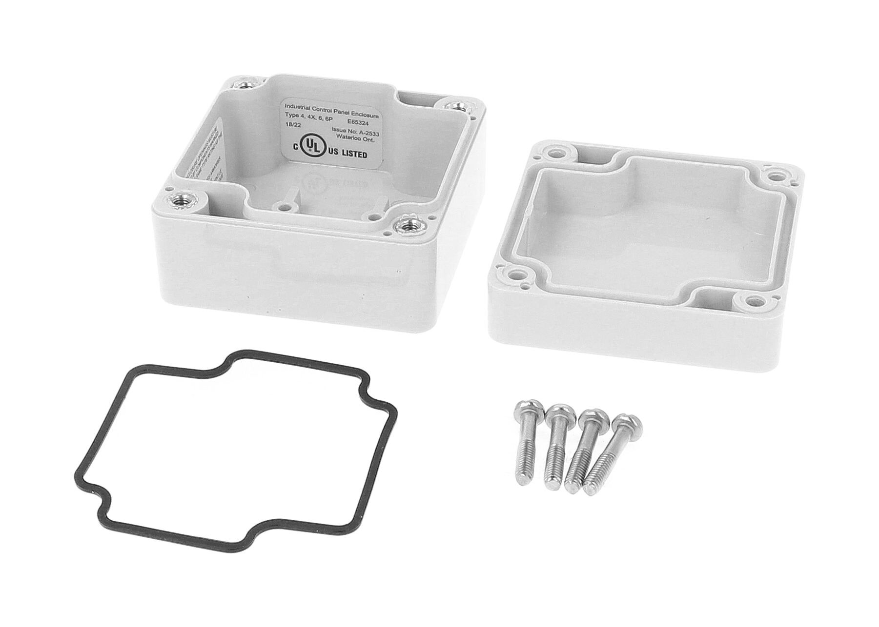 1554B2GY light gray polycarbonate NEMA 4X enclosure 65 x 65 x 41 mm with gray lid