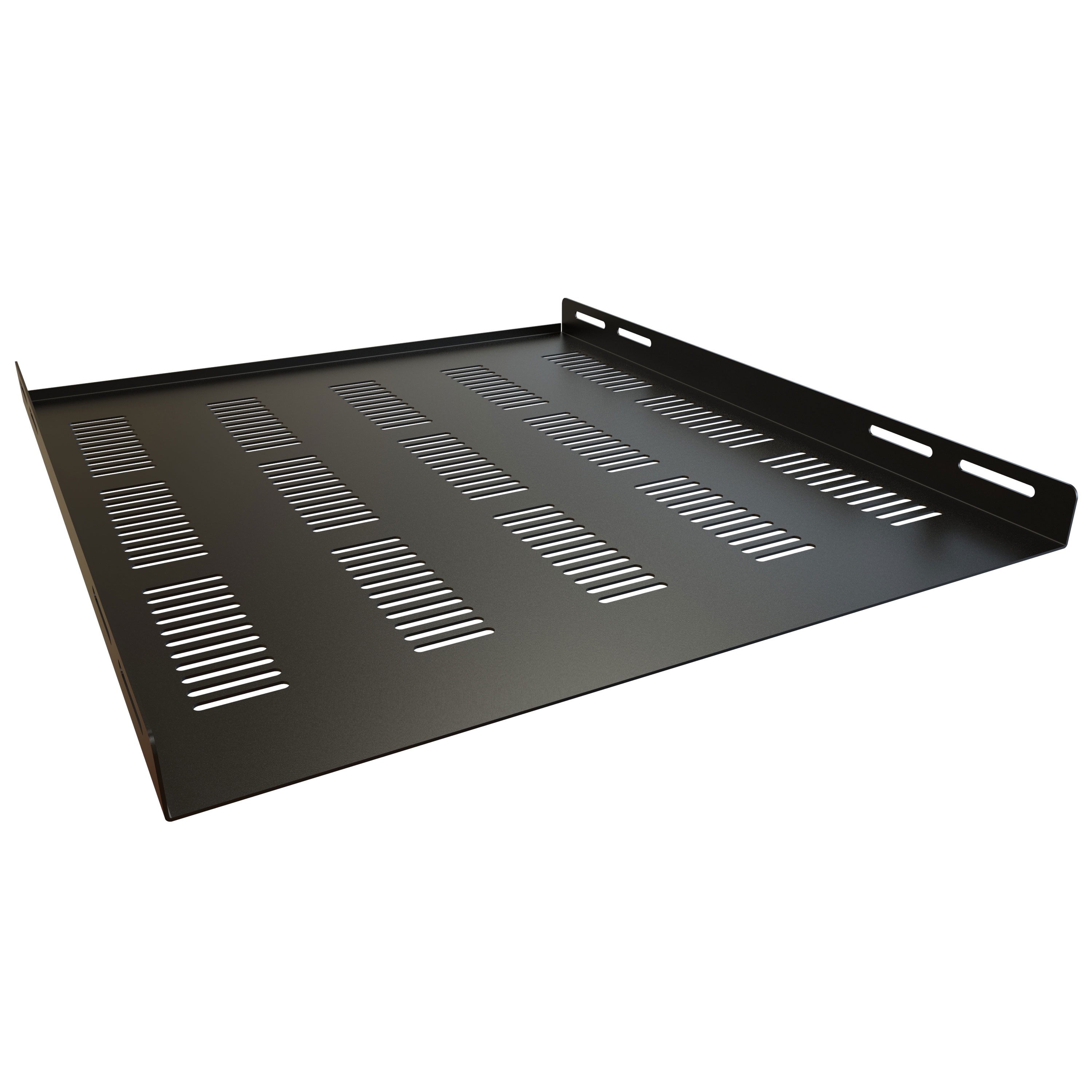 RZVS1926BK1 black vented steel side-mount fixed rack shelf, 25.84 in deep with upward-folded rear flange
