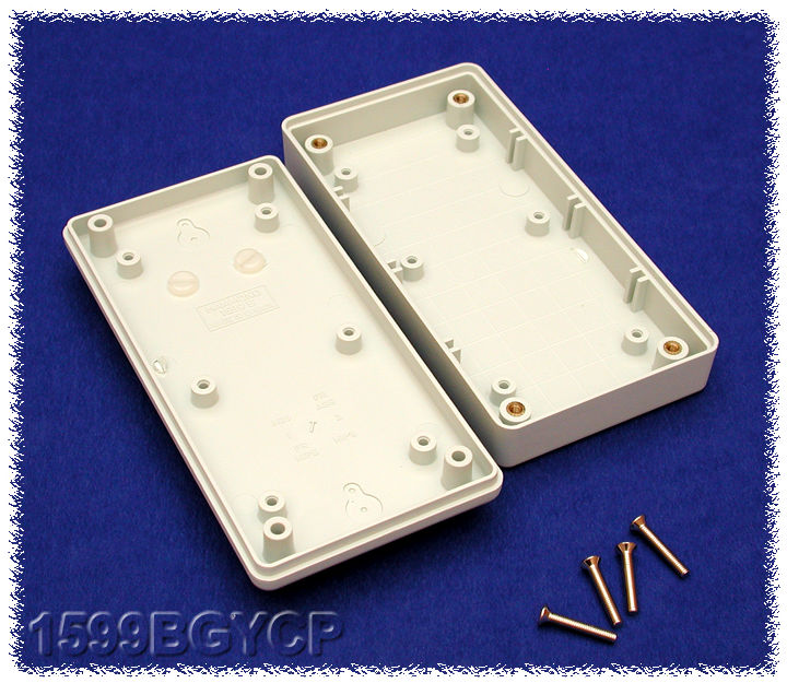 1599BGYBATCP light grey handheld enclosure with battery door and installed belt clip