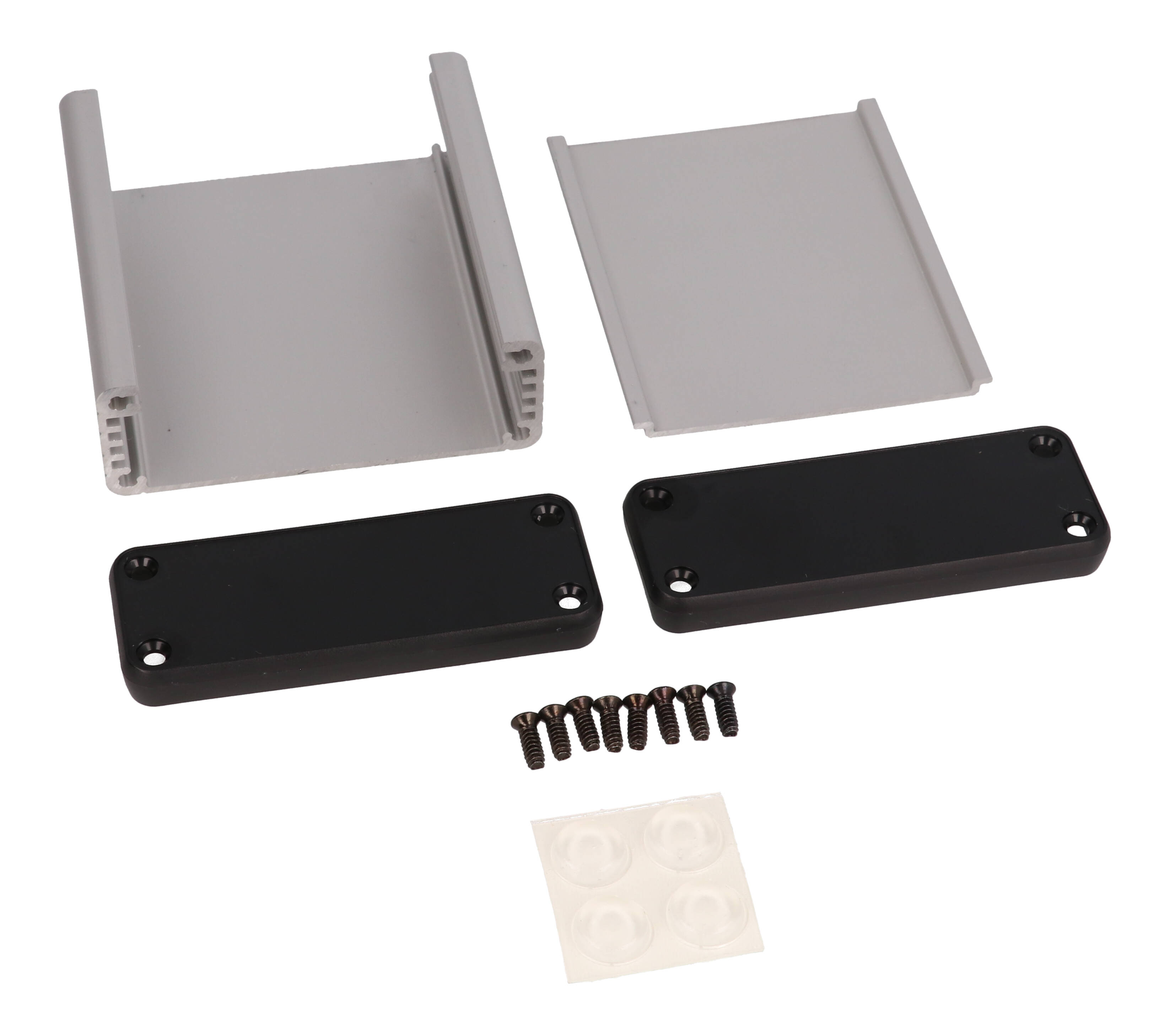 1455J802 clear anodized extruded aluminum enclosure, 80 x 78 x 27 mm, with black plastic end panels