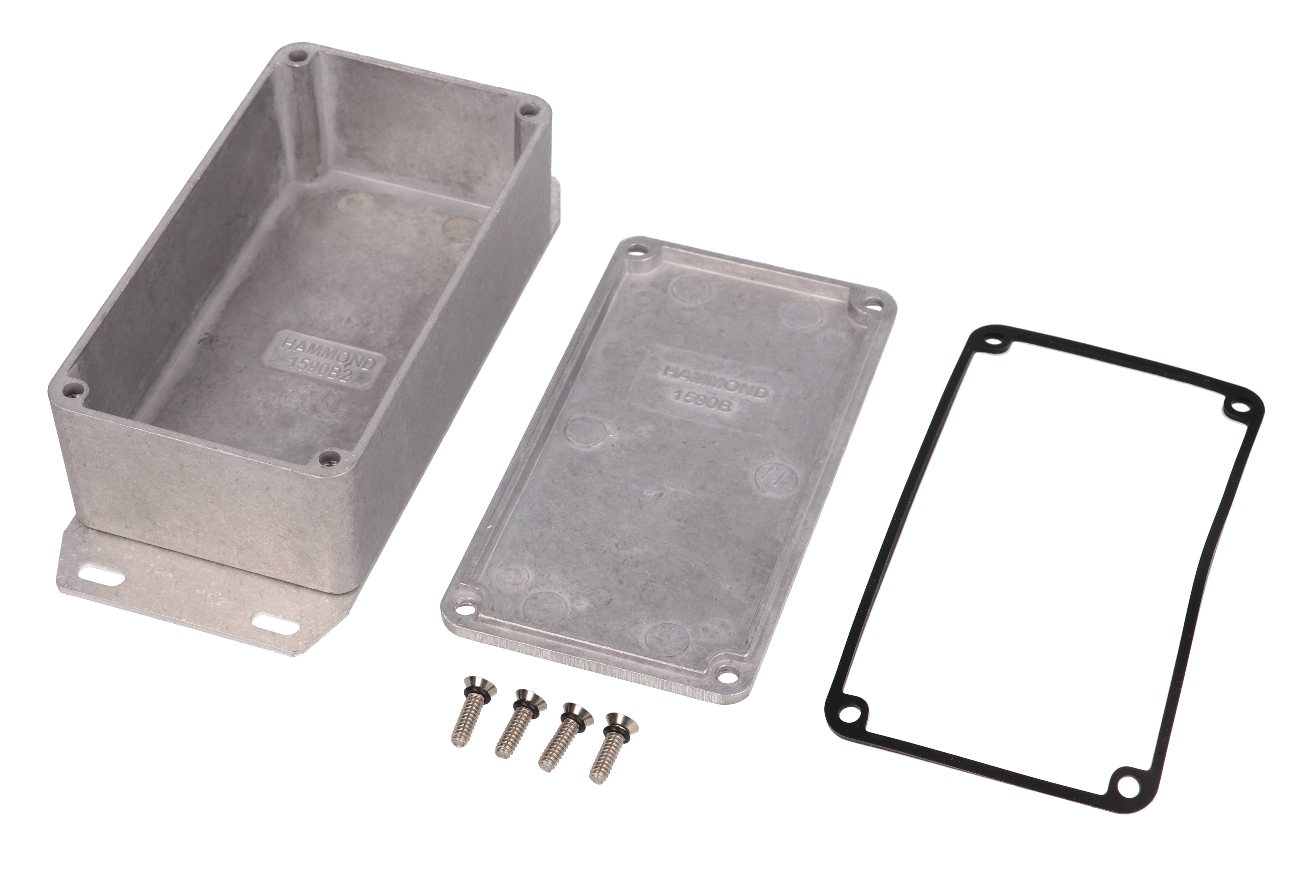 1590WB2F natural aluminum IP65 watertight diecast enclosure, 112 x 61 x 38 mm, welded flanged bottom plate