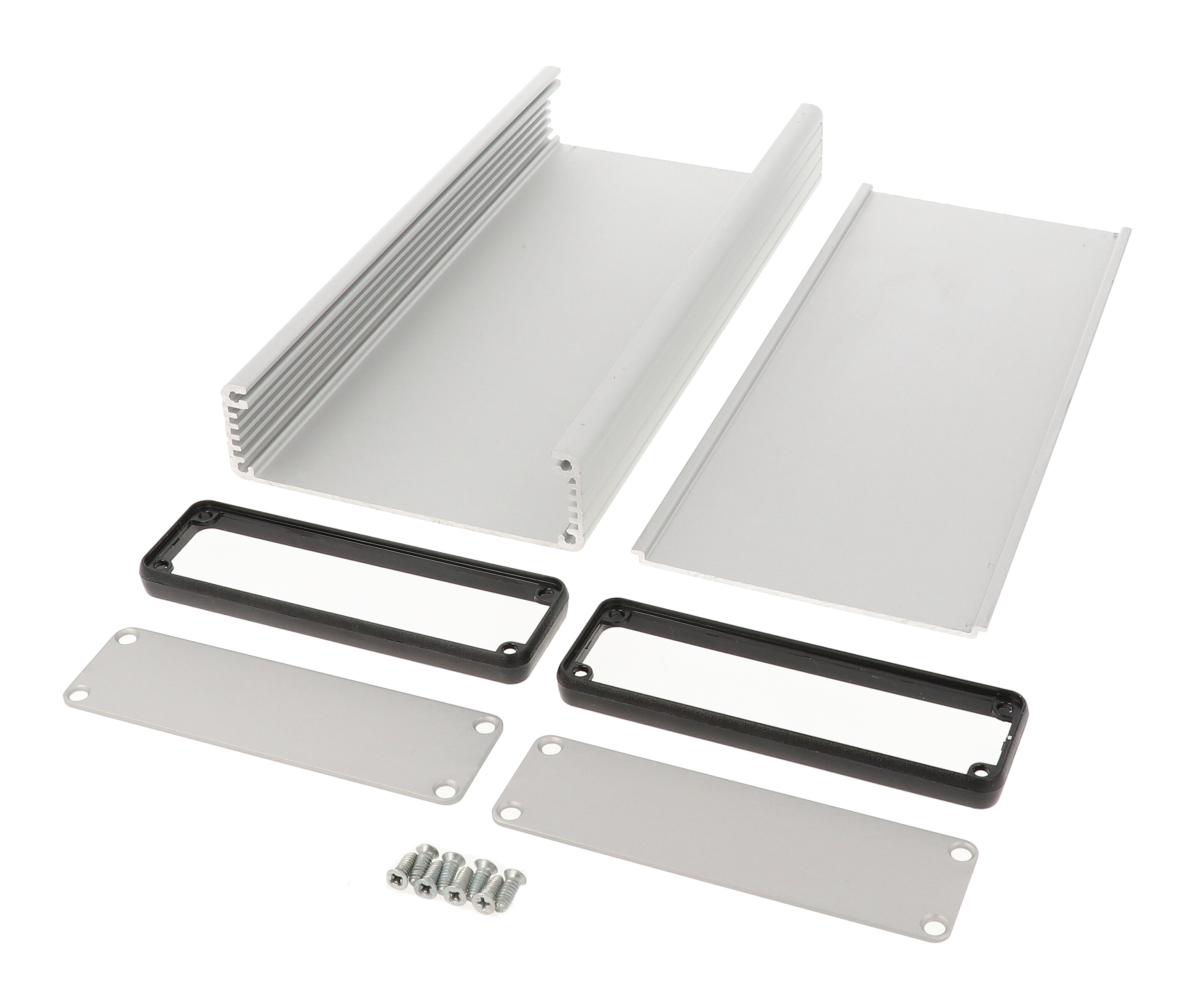 1455L2201 clear anodized extruded aluminum PC board enclosure, 220 x 103 x 30.5 mm, with aluminum end panels and black bezels