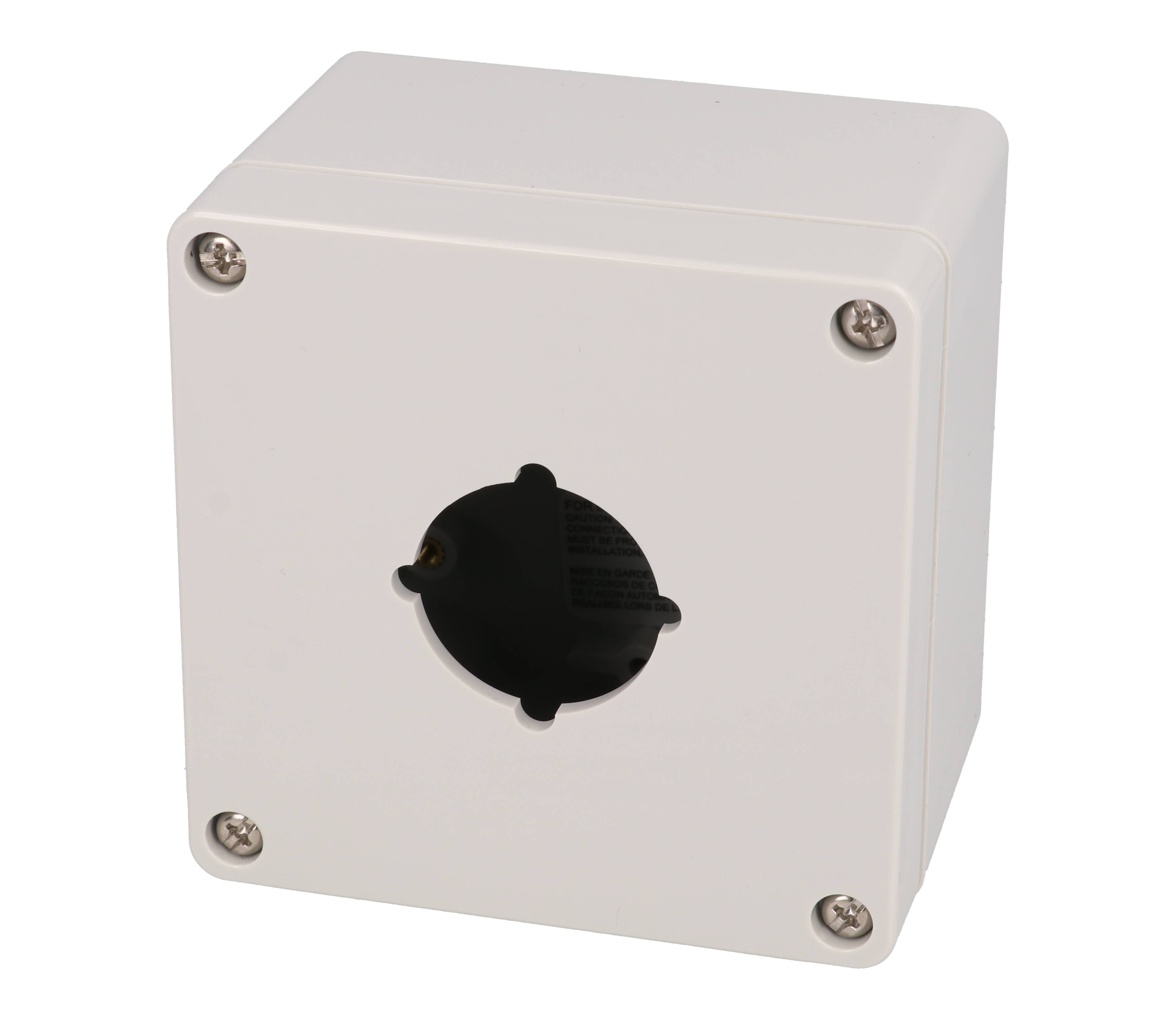 1554PB1 light gray polycarbonate pushbutton enclosure with one 30.5mm hole in the lid