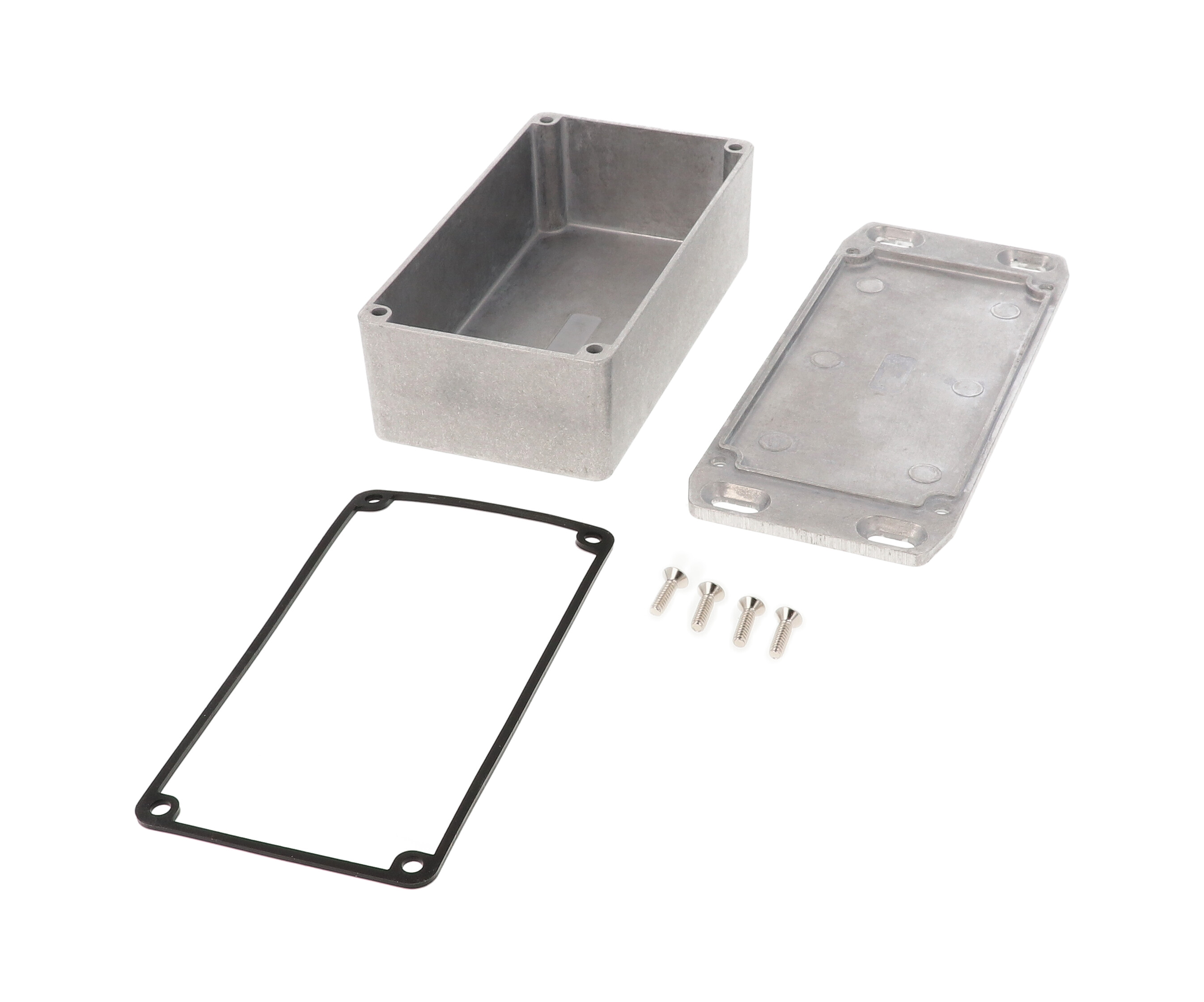 1590WN1FL natural aluminum watertight diecast enclosure, 121 mm x 66 mm x 40 mm, with flanged mounting lid