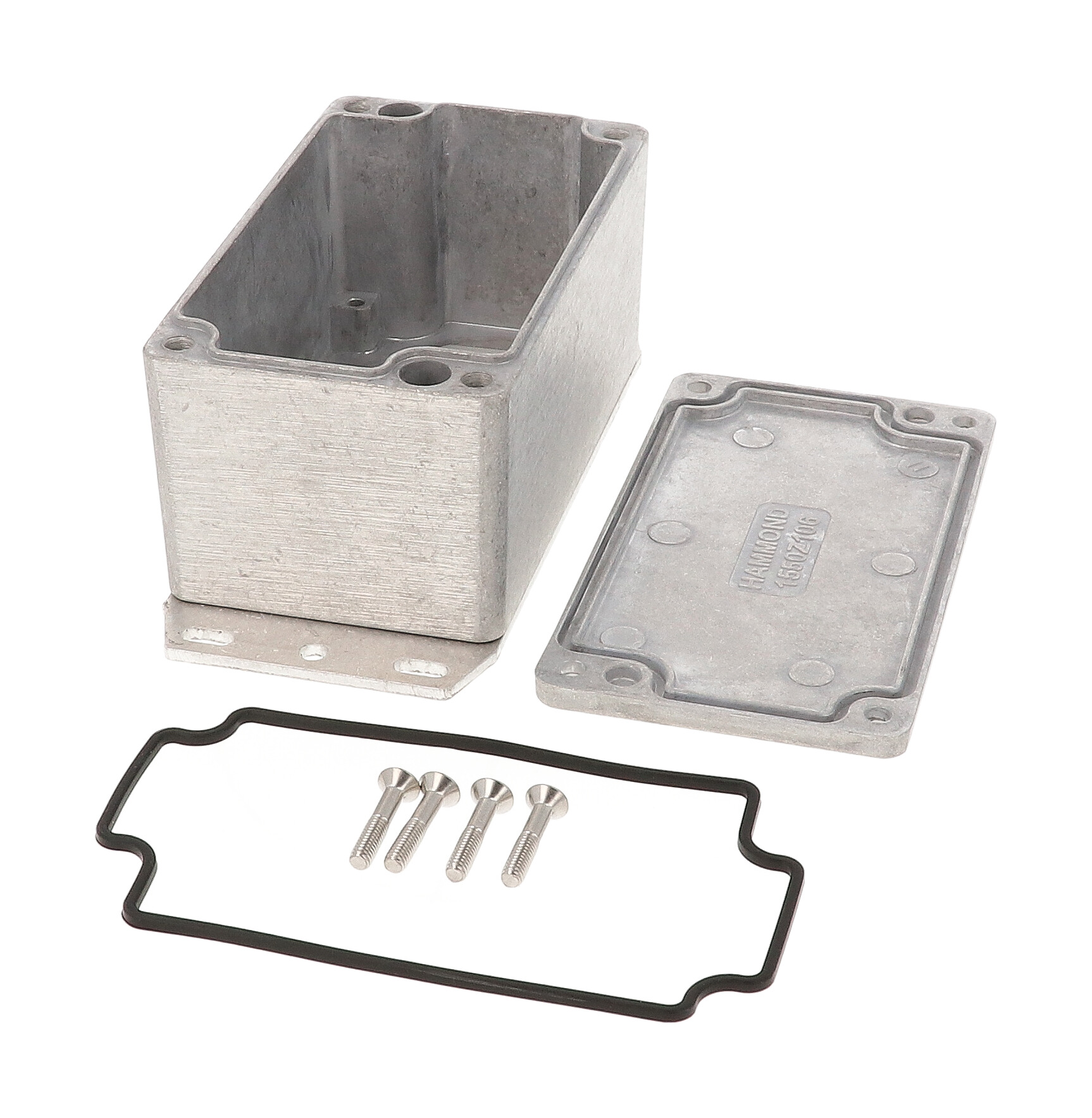 1550Z111F unpainted natural aluminum watertight diecast enclosure with flanged base and screw-down lid, 142x65x58 mm