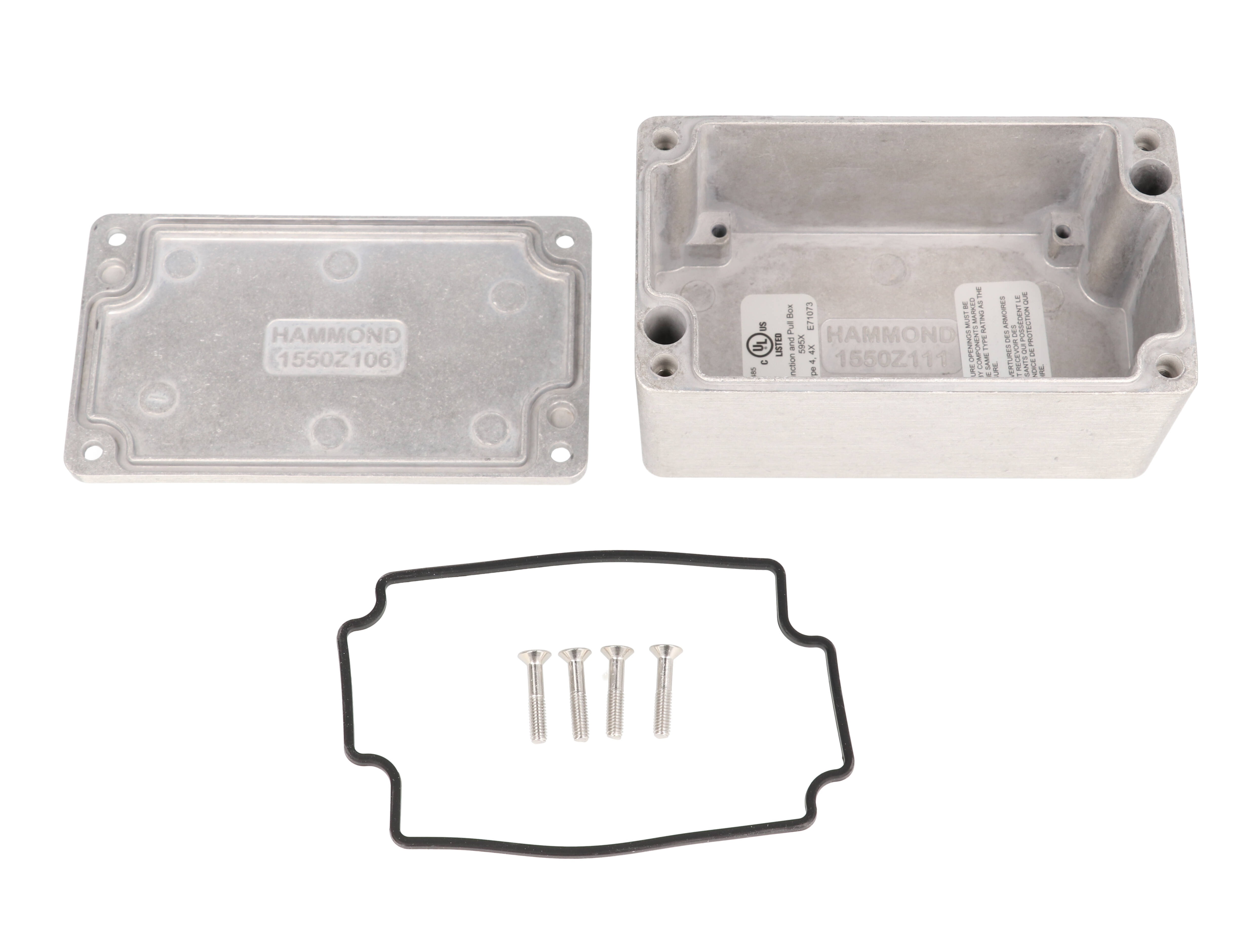 Hammond 1550Z111 natural unpainted watertight diecast aluminum enclosure, 115 x 65 x 55 mm, with lid and cover screws