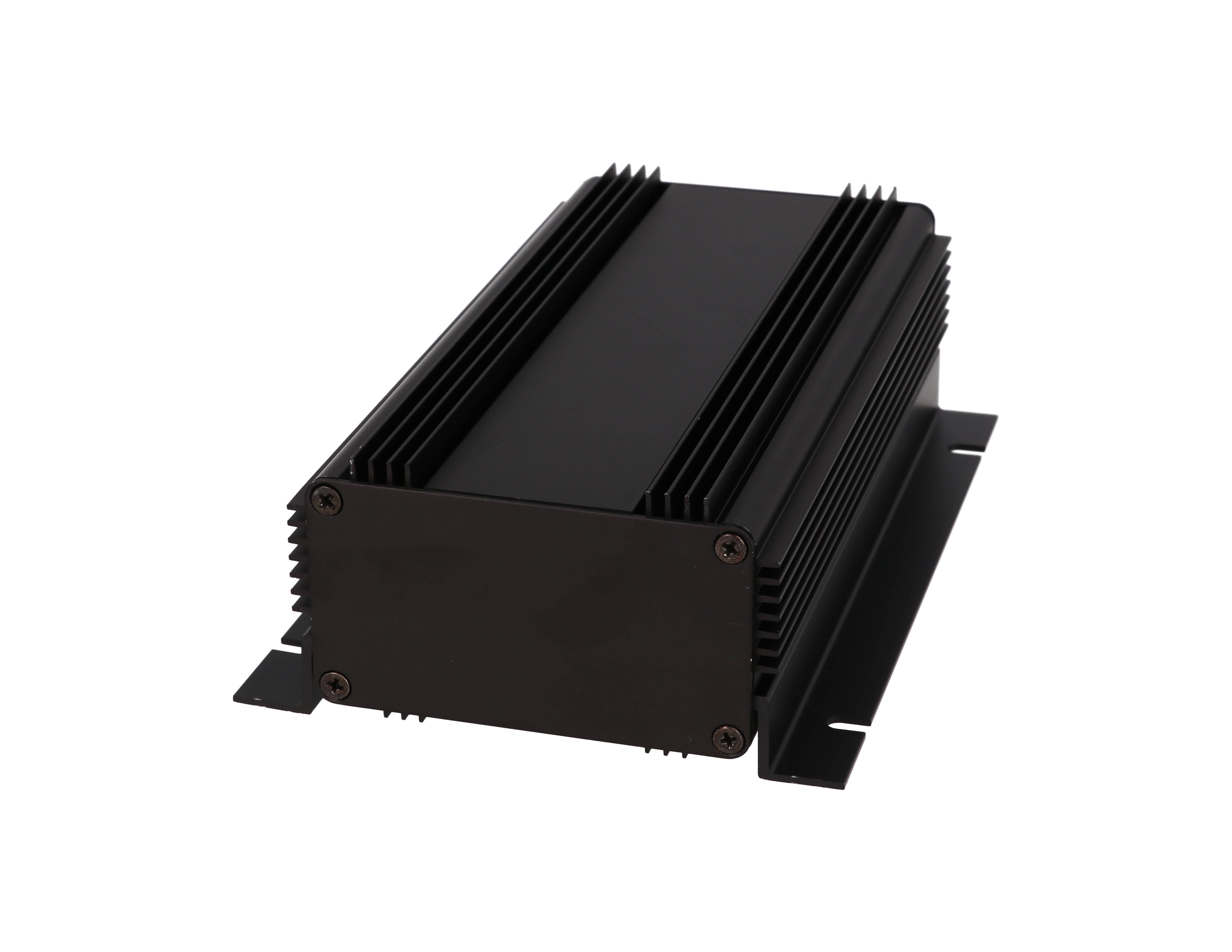 1455KHD1601BK black anodized finned heat dissipating extruded aluminum enclosure, 160 x 86 x 51 mm, with mounting flanges