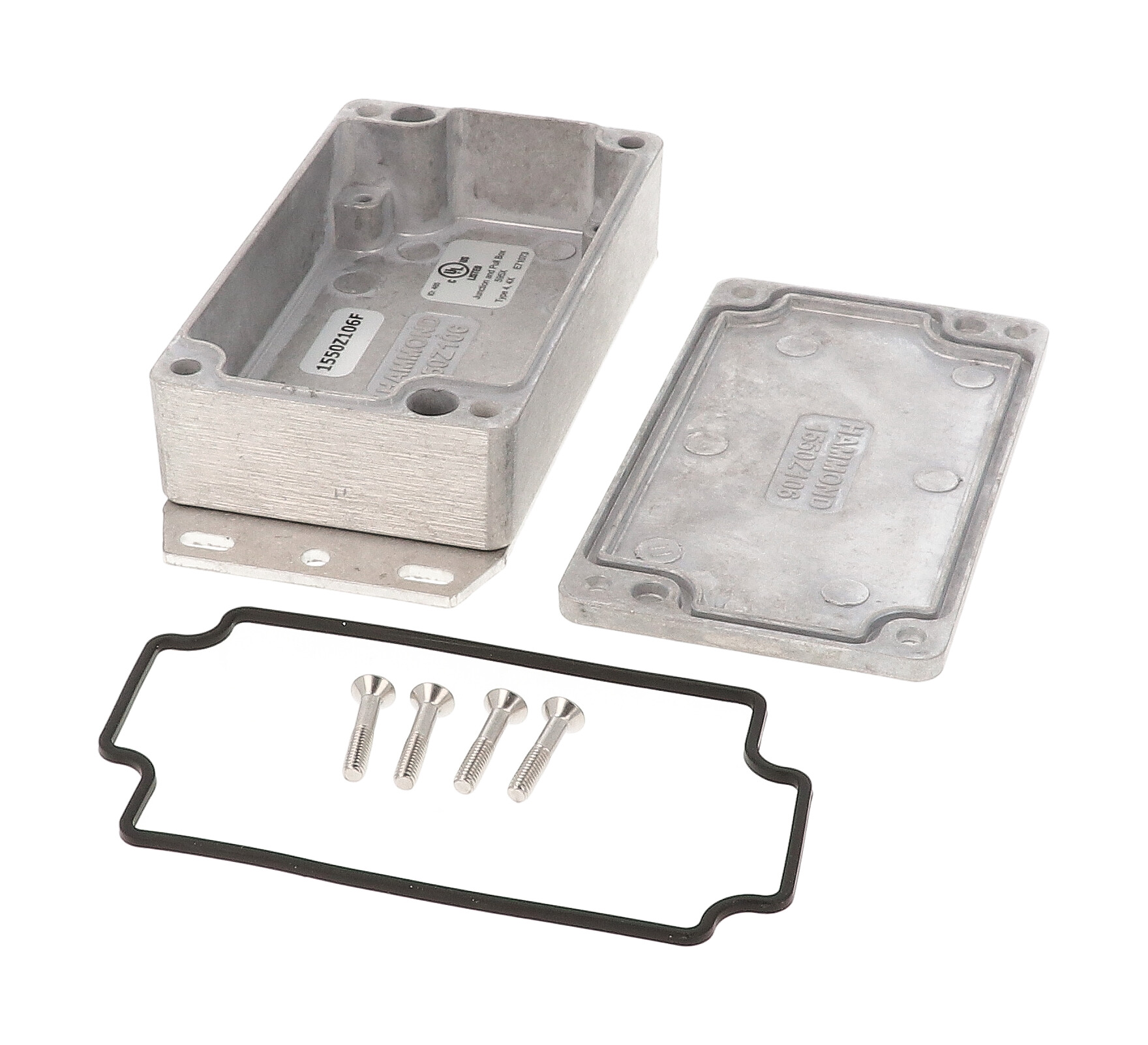 1550Z106F unpainted natural aluminum watertight diecast enclosure with flanged base and screw-down lid, 142x65x33 mm