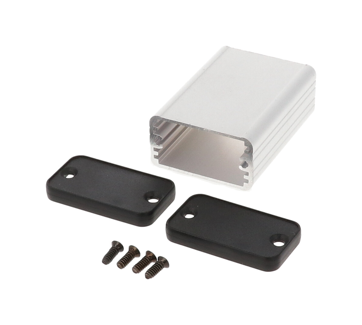1455D602 clear anodized extruded aluminum enclosure, 60 x 45 x 25 mm, with closed black plastic end panels