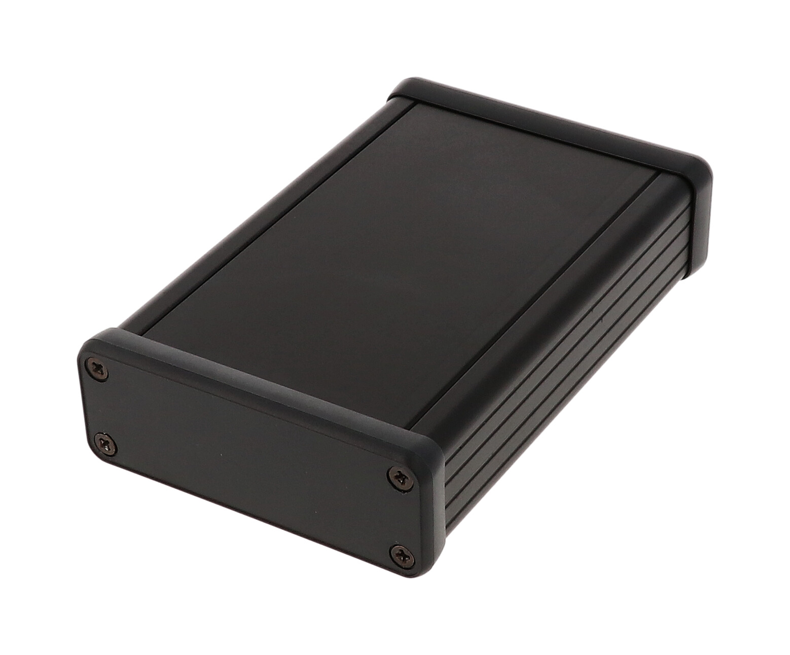 1455J1202BK black anodized extruded aluminum enclosure, 120 x 78 x 27 mm, with black plastic end panels