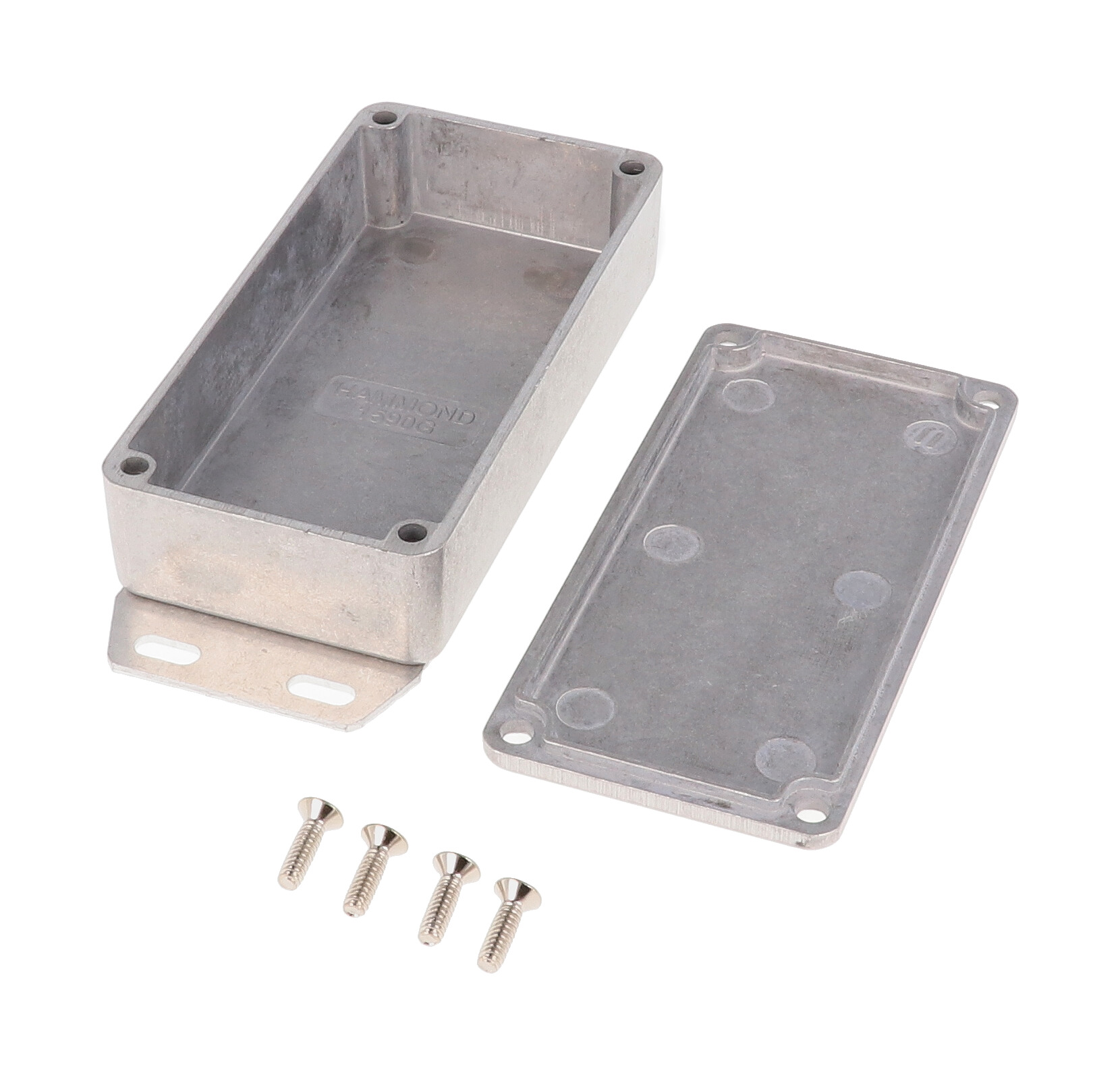 1590GF natural diecast aluminum enclosure with welded bottom mounting flange, 100 x 50 x 25 mm