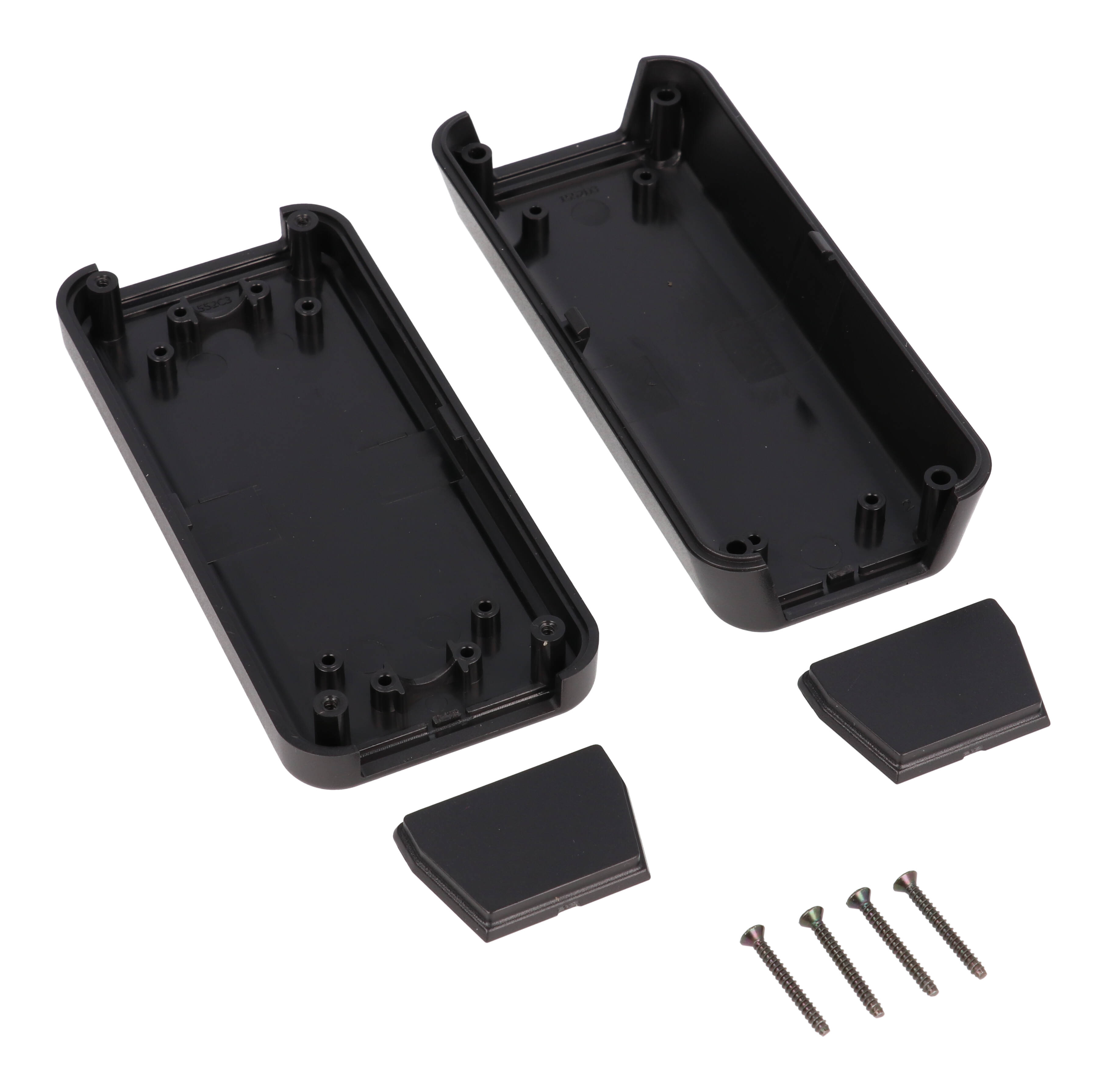 1552D3BK black 110 x 50 x 30 mm hand-held ABS plastic enclosure with recessed top and removable end panels
