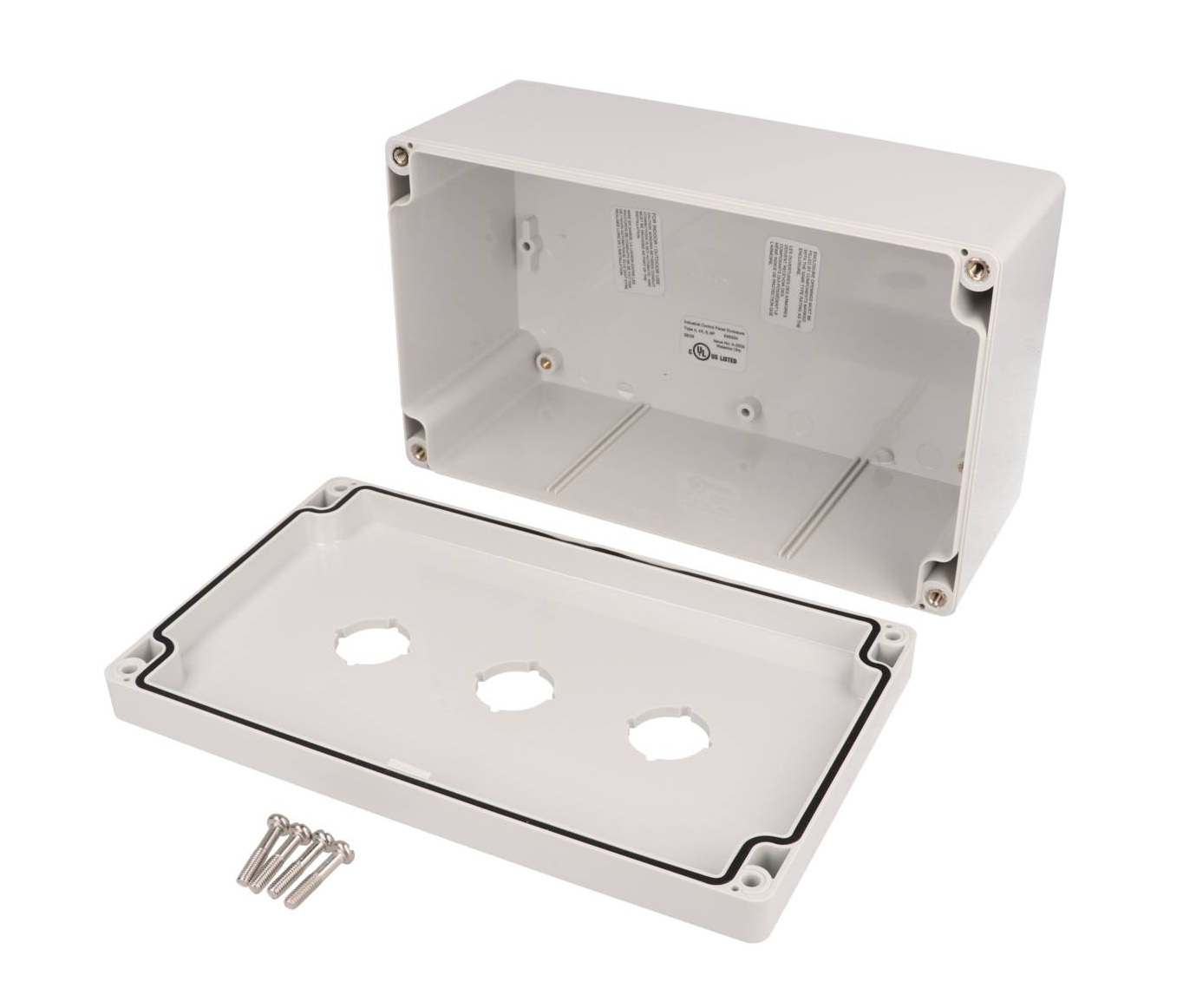 1554MPB3 light gray polycarbonate enclosure with three 22.5 mm pushbutton holes