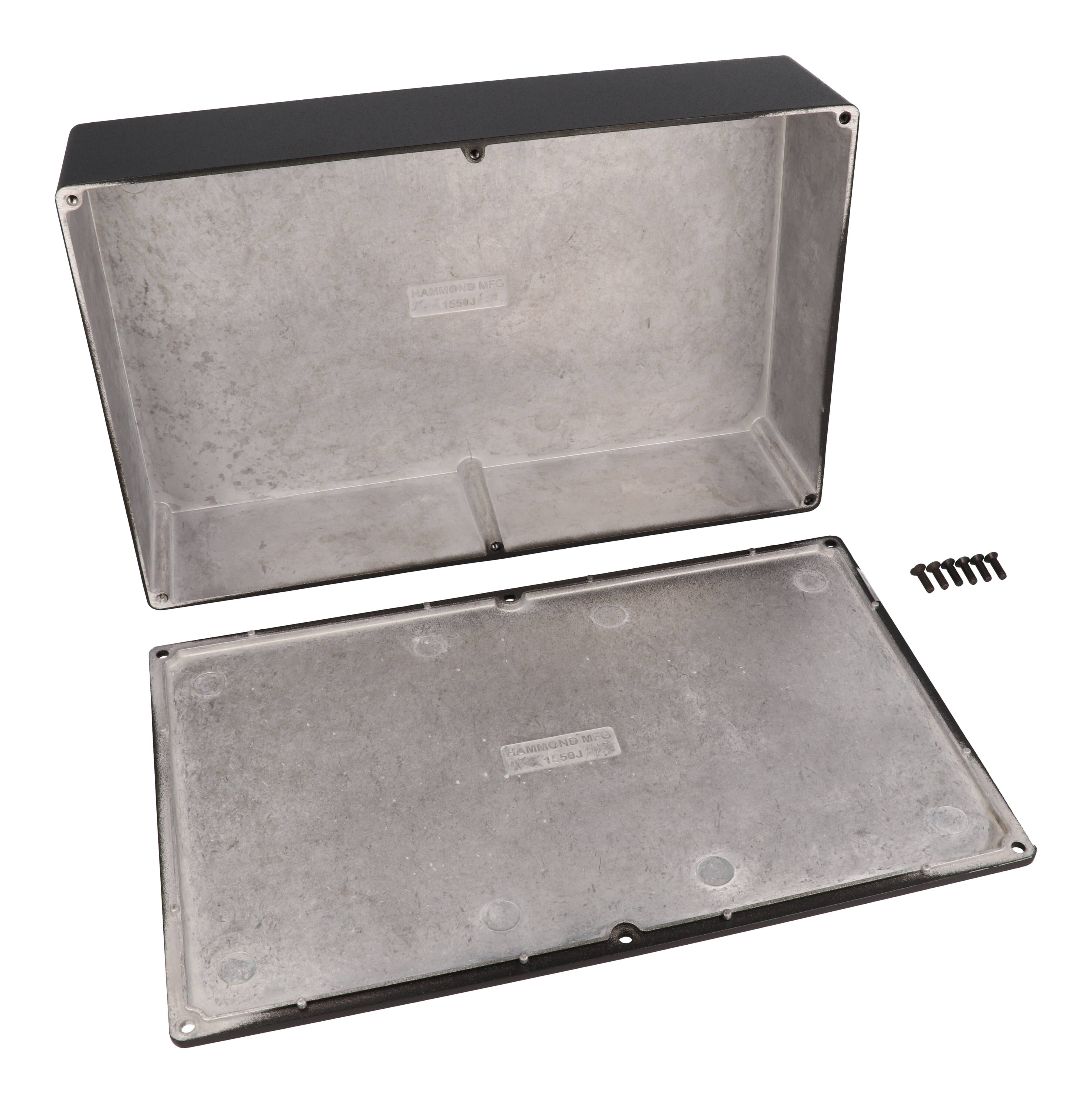 1550JBK black powder coated diecast aluminum enclosure, 275 mm x 175 mm x 62 mm, with screw-down lid