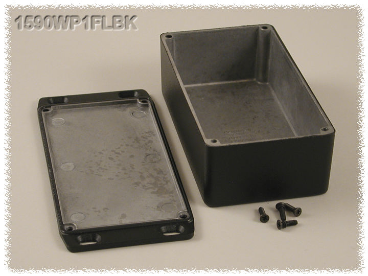 1590WP1FLBK textured black watertight diecast enclosure, 153 mm x 83 mm x 50 mm, with flanged mounting lid